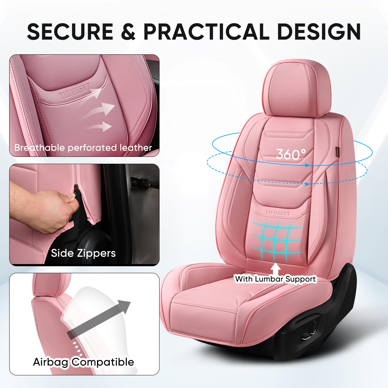Pink Car Seat Covers Front Pair - Breathable Leather Auto Seat Protectors with Headrest | Universal Fit for Sedans, SUVs & Pickup Trucks | Perfect for Daily Commute, Road Trips & Family Travel