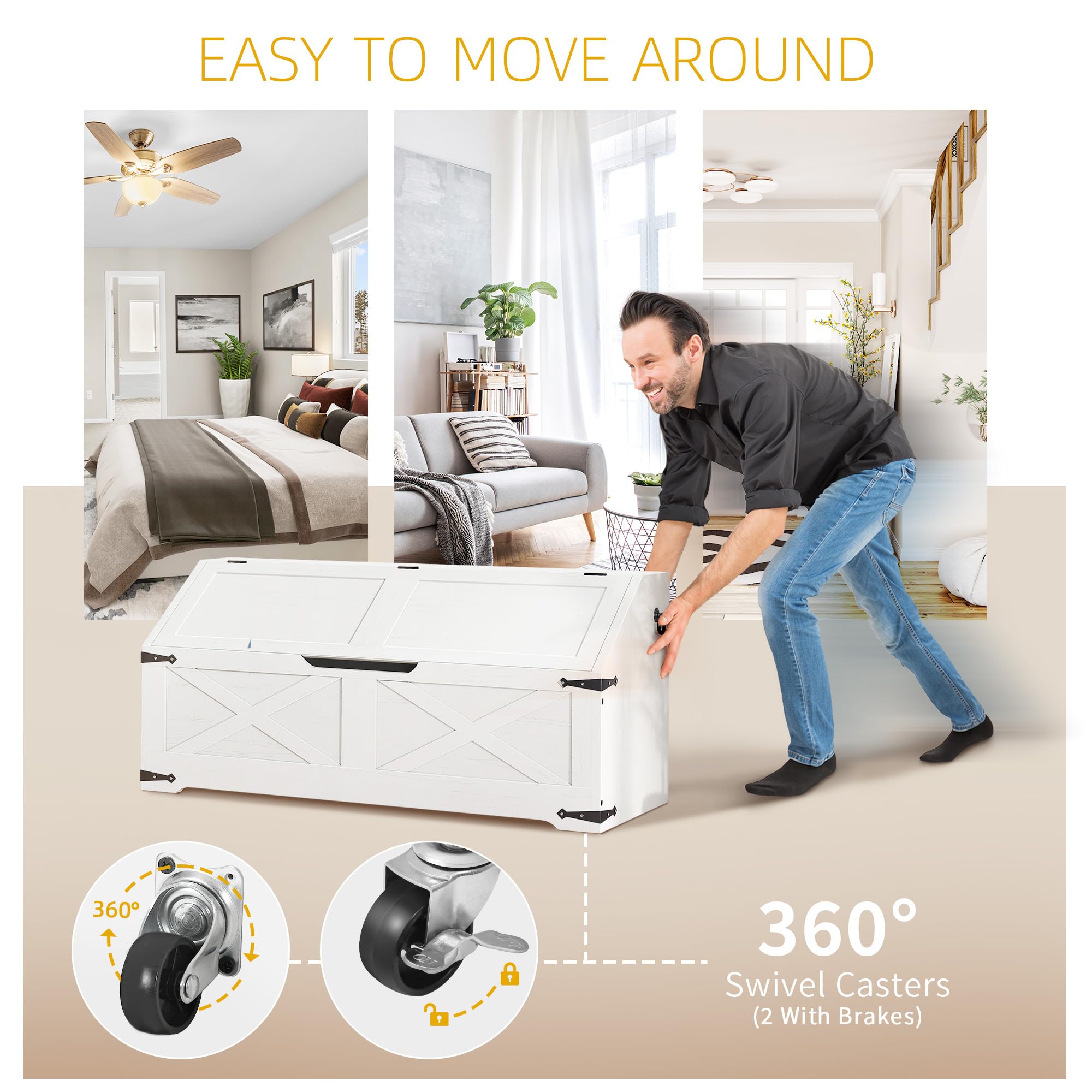 DWVO Wooden Storage Bench with 4 Wheels - 39.4