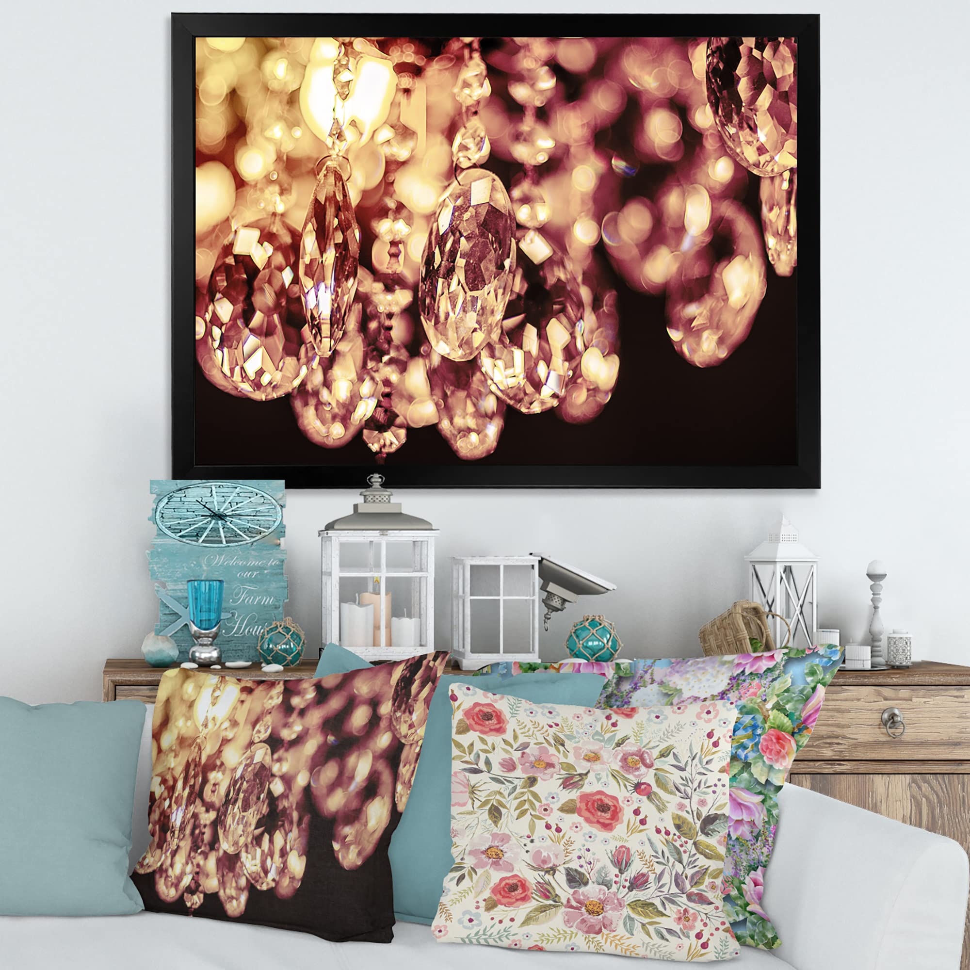 DesignQ Crystal Chandelier - Modern Hanging Bright Chandelier with Framed Wall Art for Living Room, Bedroom & Dining Room Decor