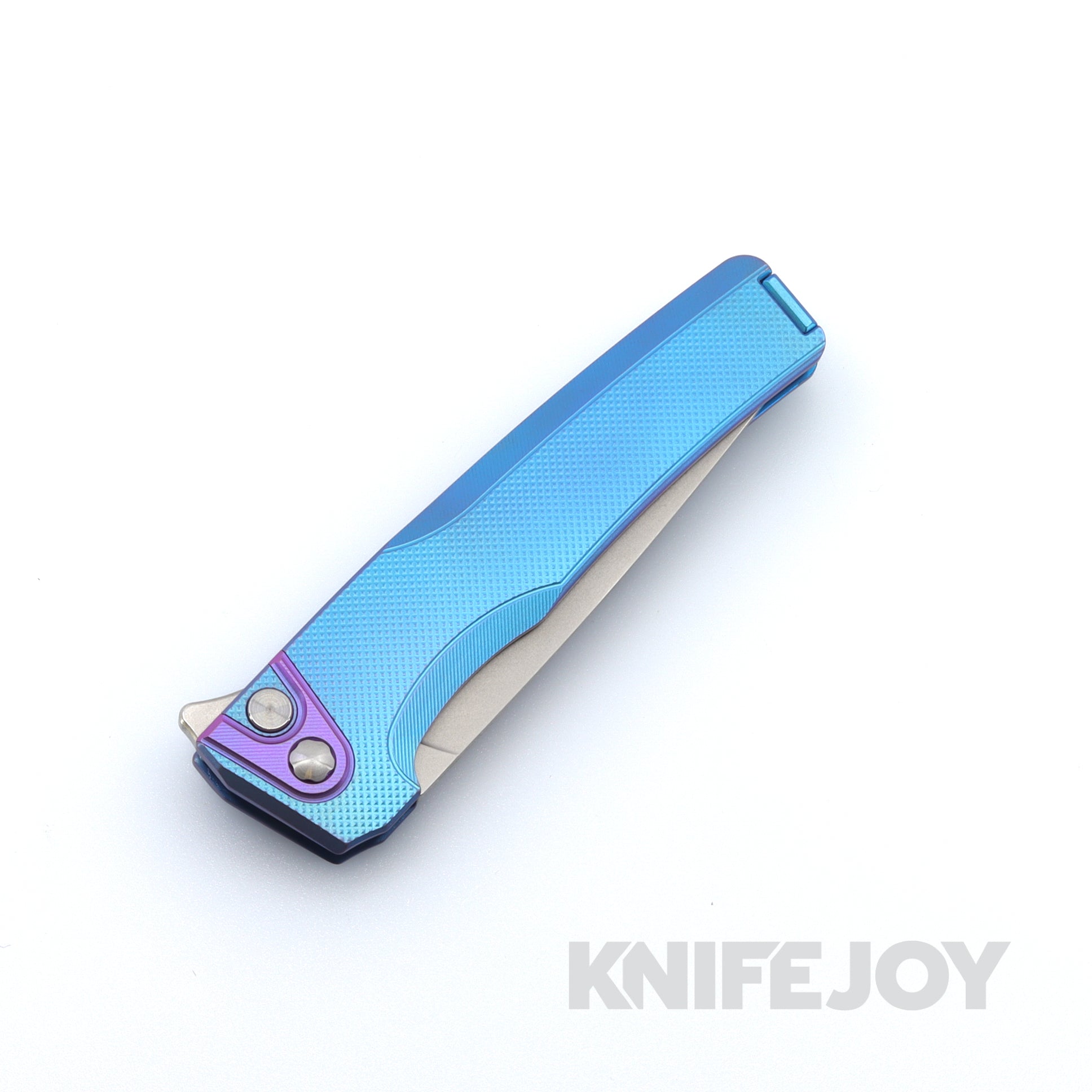 MachineWise Sonora Button Lock Folding Knife - Lightwash Blade with Diamond Textured Grade 5 Electric Blue Titanium Handles & Purple Titanium Bolster - EDC, Outdoor, Camping, Hunting, Survival Gear
