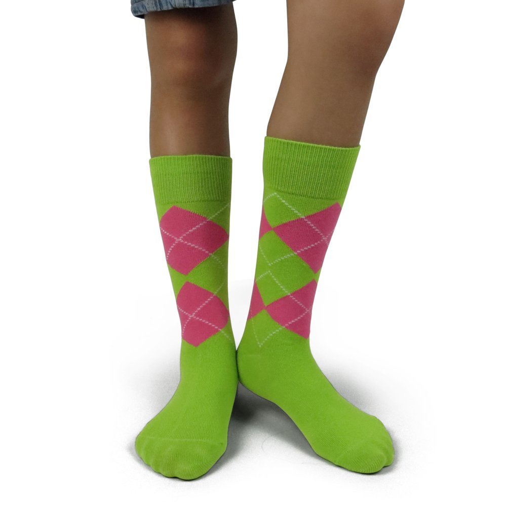 Spotlight Hosiery Junior's Groomsmen & Ring Bearer Wedding Argyle Dress Socks - Lime Green & Bright Pink | Formal Occasions, Bridal Party, Special Events