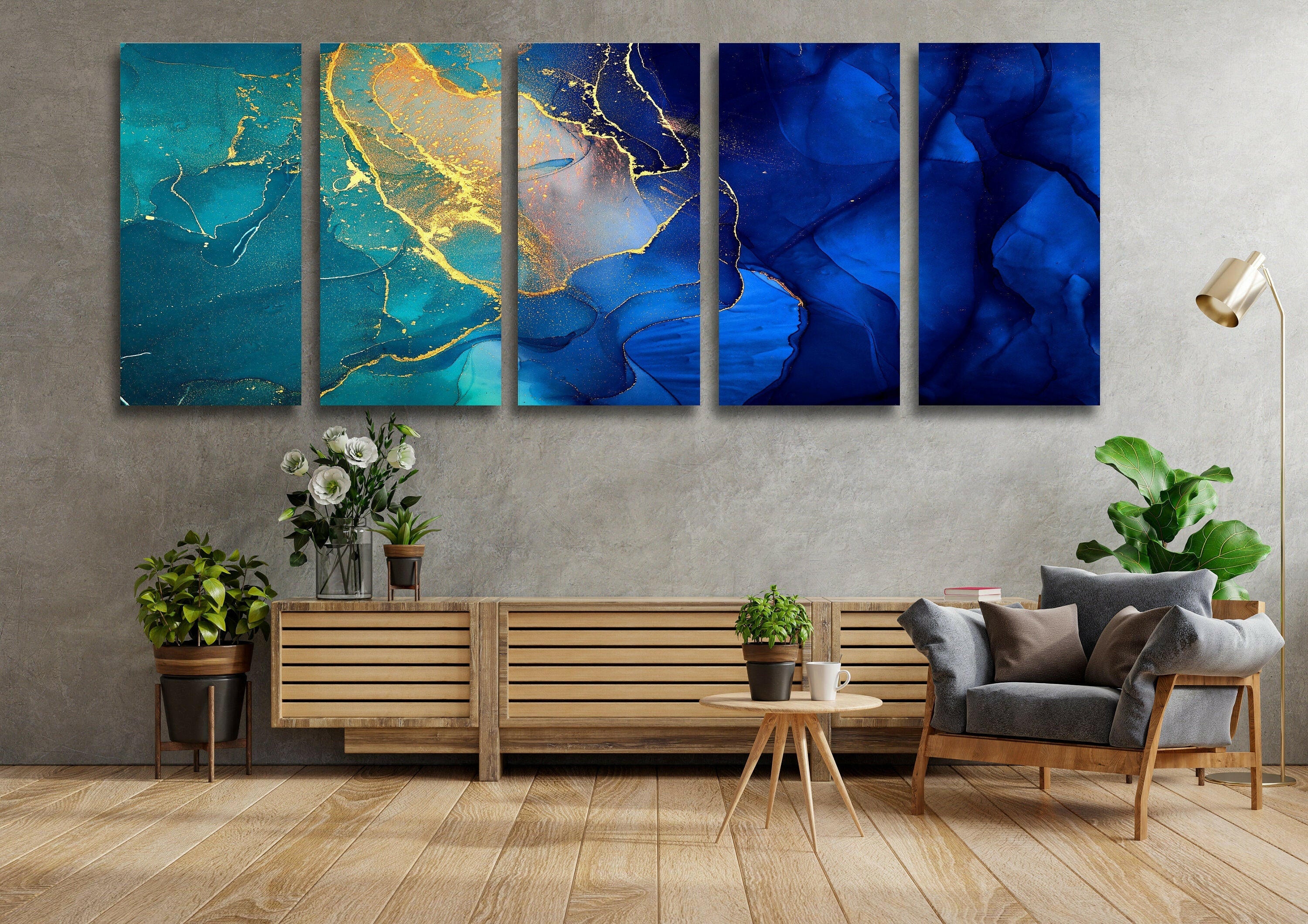 Blue & Gold Marble Abstract Glass Wall Art - Modern Home Decor for Living Room, Bedroom & Office - Elegant Handmade Glass Painting for Wall Display