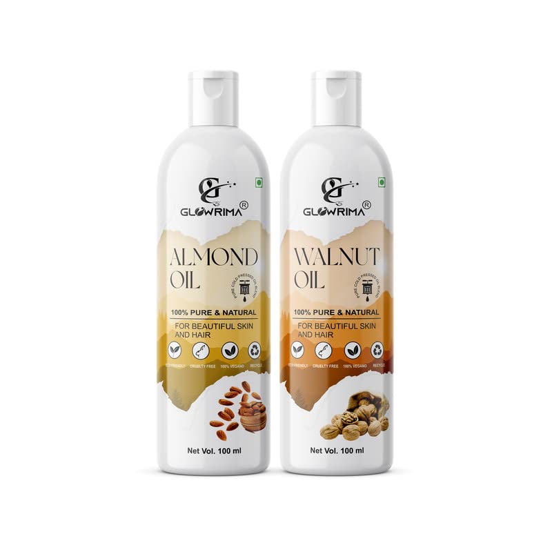 Glowrima 100% Pure Almond Oil & Walnut Oil Combo (100ML Each) - Promotes Rapid Hair Growth, Reduces Hair Fall, Repairs Split Ends for Softer & Shinier Hair - Perfect for Daily Hair Care & Scalp Massage (Pack of 2)