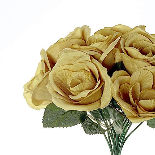 12-Inch Artificial Velvet Roses Bouquet - Gold Silk Wedding Flowers for Centerpieces, Bridal Shower, Party & Home Decorations (Set of 6) - Perfect for Wedding Receptions, Anniversary Gifts and Table Decor
