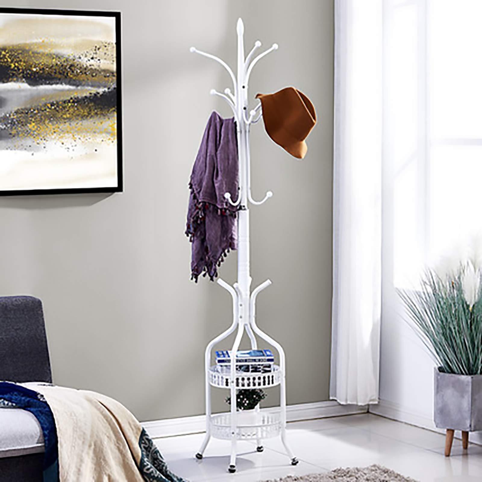 Metal Coat Stand with 2 Shelves - Free Standing Clothes Rack for Entryway, Bedroom & Closet - Organizer for Jackets, Hats, Bags & Purses - Pink & White (35x35x175cm) - Perfect for Small Spaces & Apartment Living