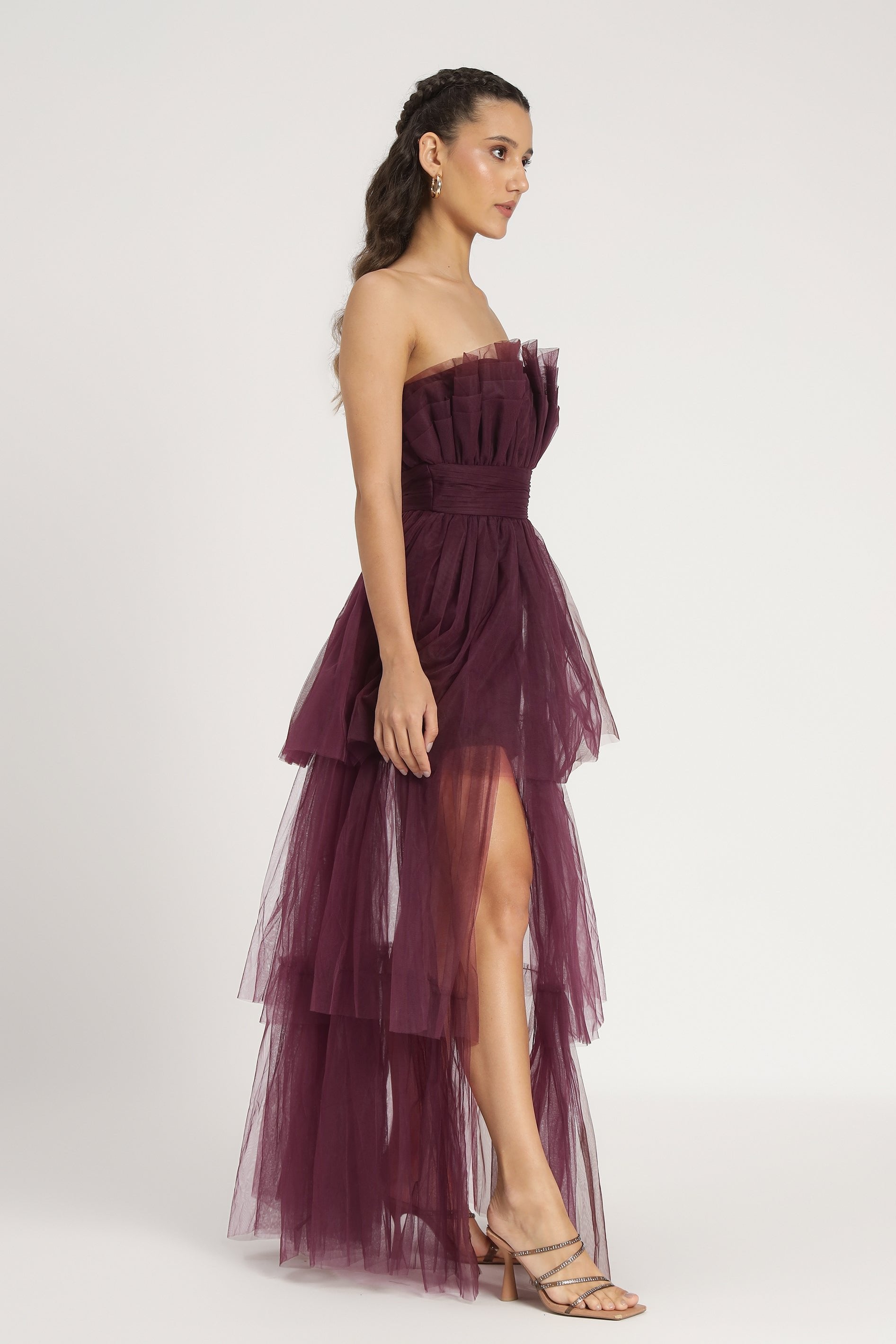 Natalia Elegant Plum Tulle Maxi Dress for Women - Perfect for Weddings, Prom, and Evening Parties