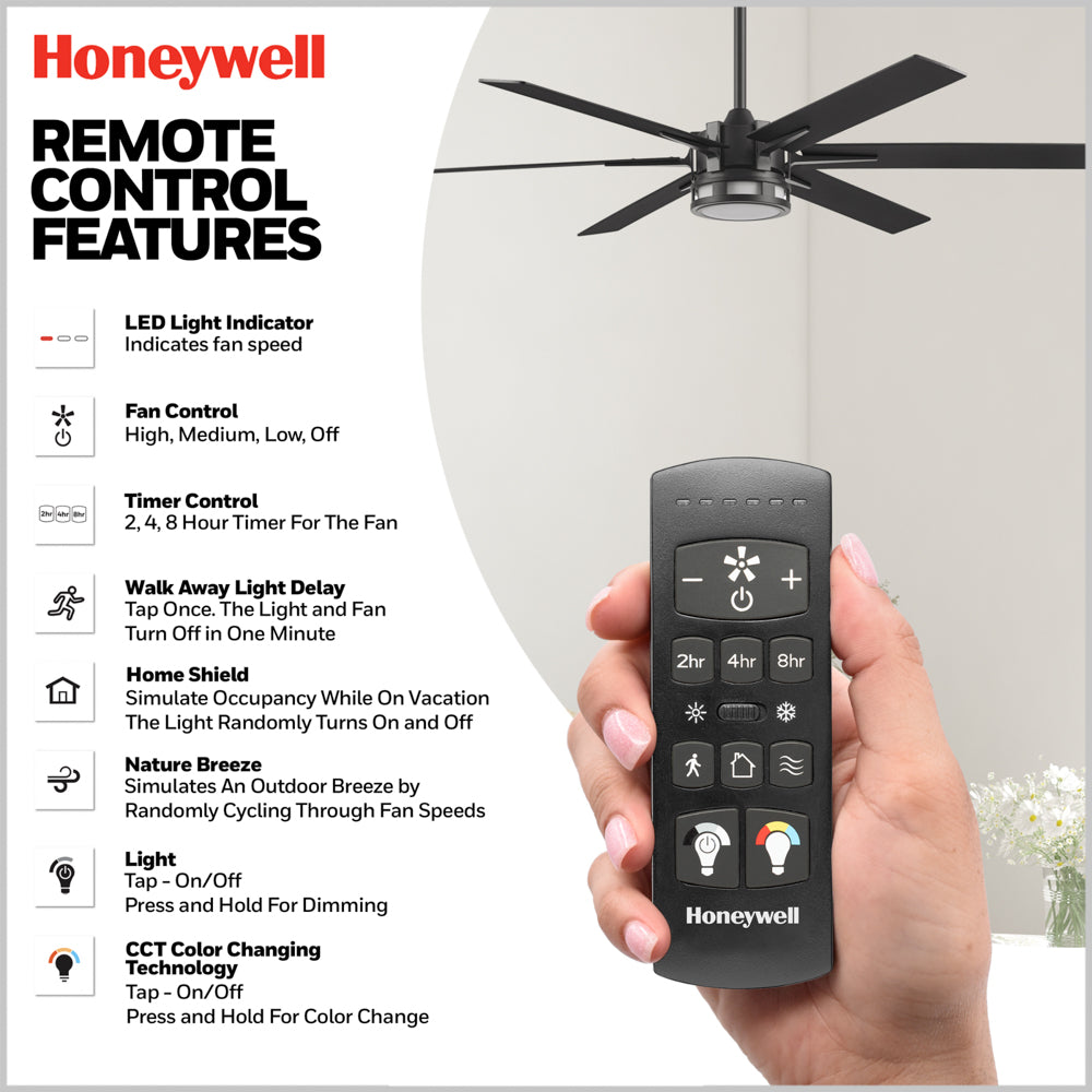 60 Inch Honeywell Kaliza Matte Black Smart Ceiling Fan with Color Changing LED Light & Remote Control - Perfect for Living Room, Bedroom, and Outdoor Spaces