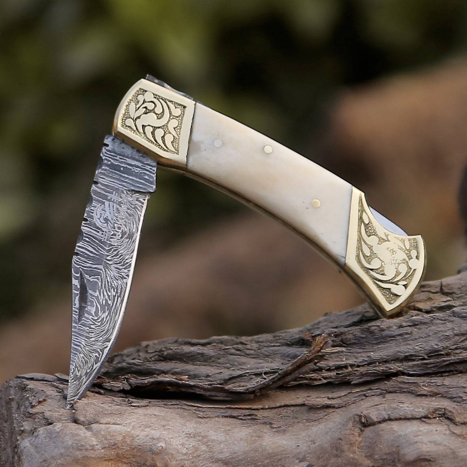 Premium Damascus Steel Expedition Pocket Knife with Bone Handle - Outdoor Survival, Camping, Hunting, and Everyday Carry (EDC)