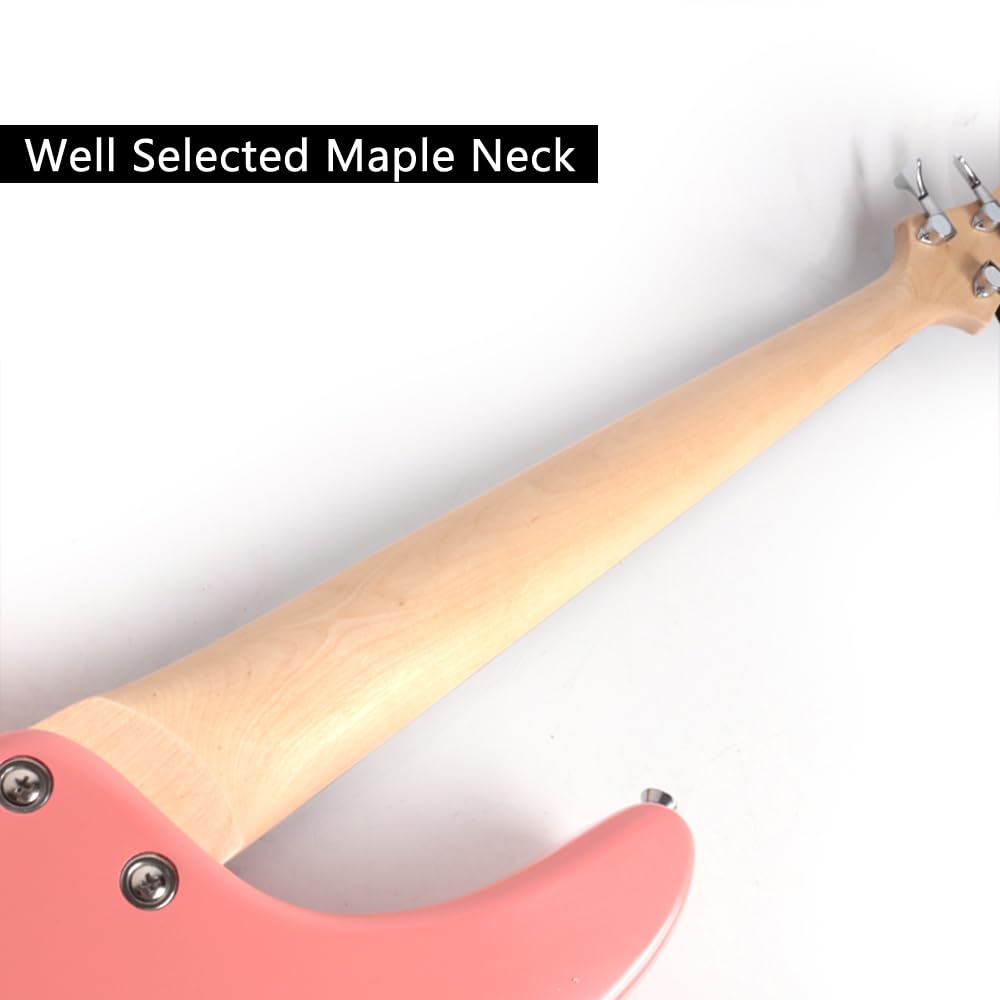 Full Size FBIB-60 Electric Bass Guitar 4 String Right Handed with Gig Bag (Pink) - Perfect for Beginners, Live Performances & Studio Recording