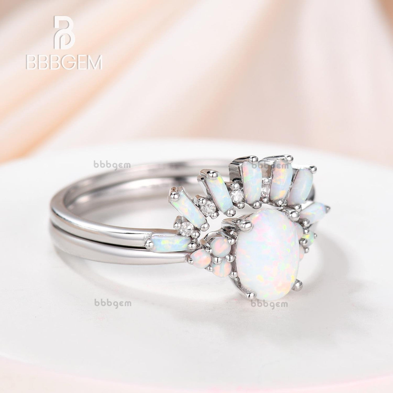 Art Deco Opal Engagement Ring Set - Vintage Cluster Opal Wedding Band for Women - Perfect for Proposals, Anniversaries & Bridal Jewelry