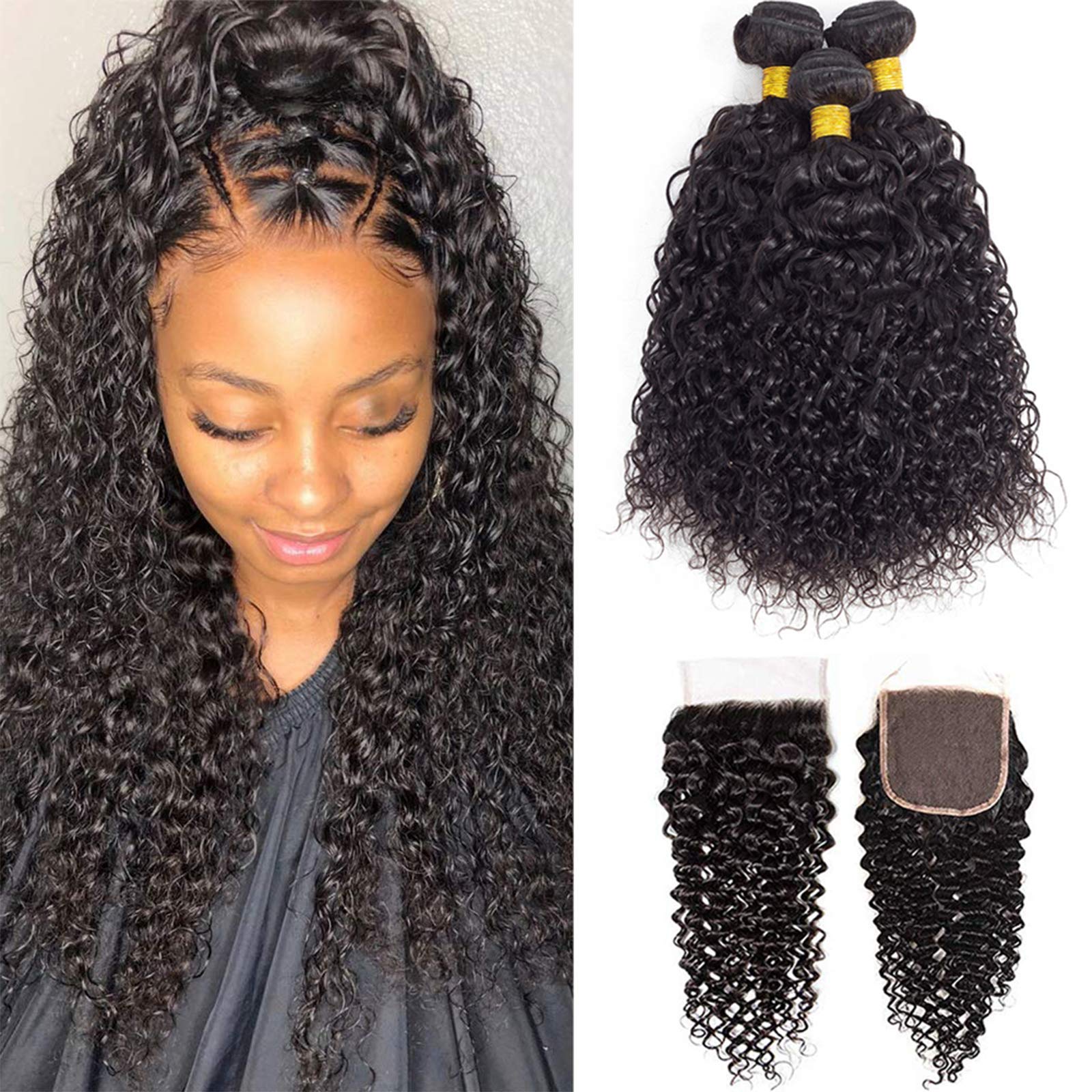 12A Brazilian Curly Human Hair Bundles with Closure (14