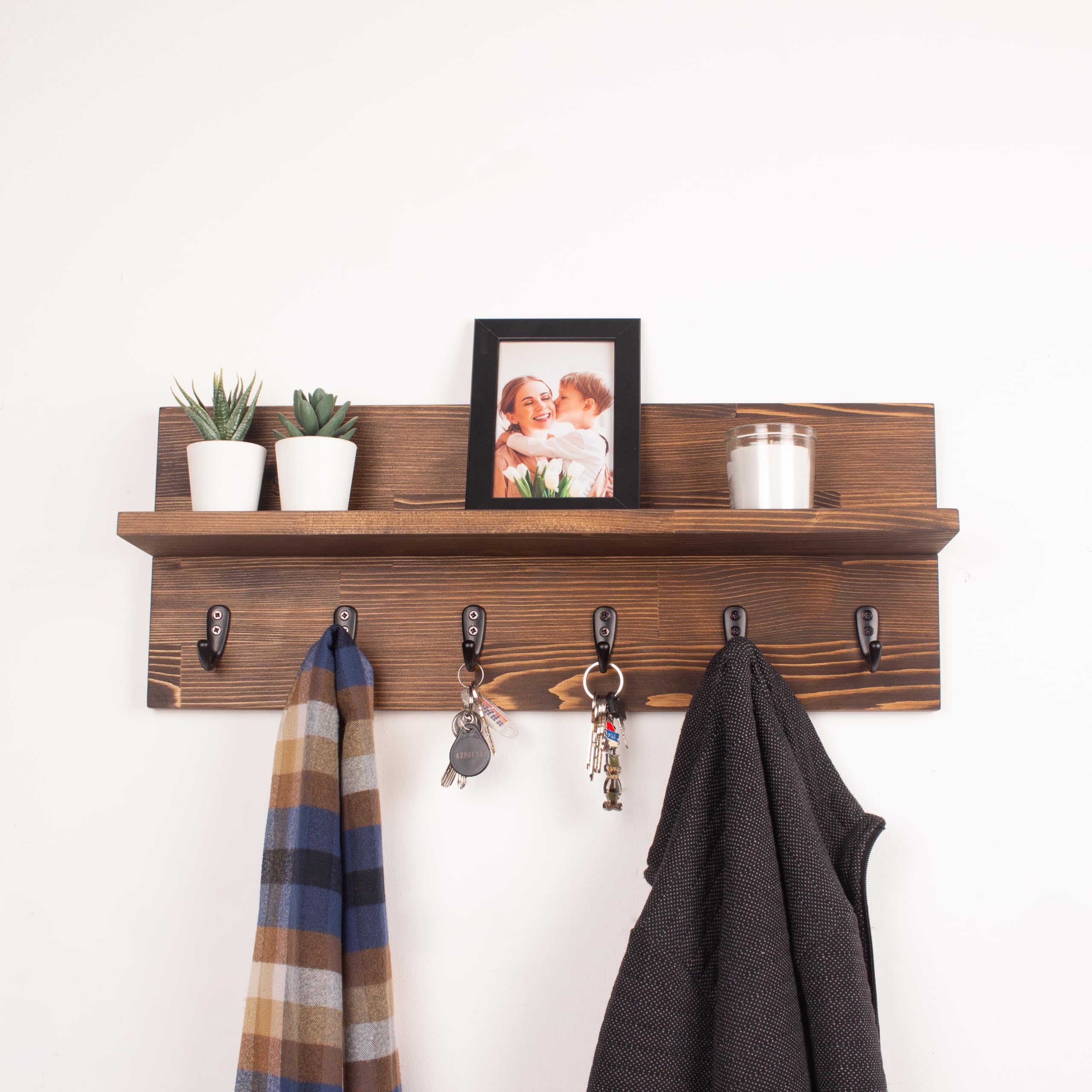 Rustic Wooden Coat Rack with Floating Shelf - 16