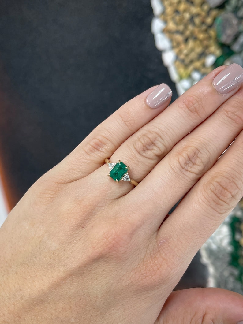 2.76tcw 14K Emerald Trillion Cut & Diamond Three Stone Prong Gold Engagement Ring for Women - Elegant Wedding, Proposal, Anniversary Jewelry Gift