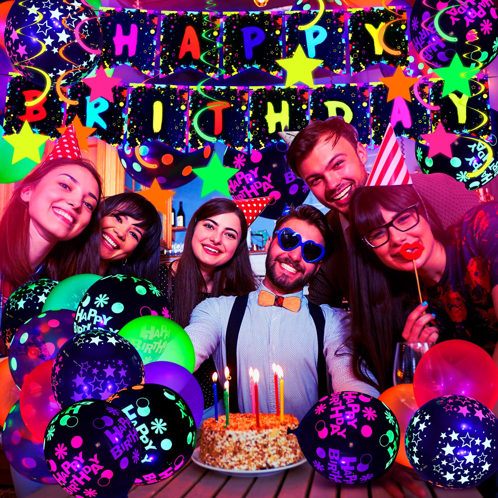 Jetec 71-Piece Neon Birthday Party Decorations Kit - Glow in The Dark Balloons, UV Neon Balloons, Star Swirls & Happy Birthday Banner - Perfect for Glow Parties, Raves, Nightclubs & UV Themed Celebrations