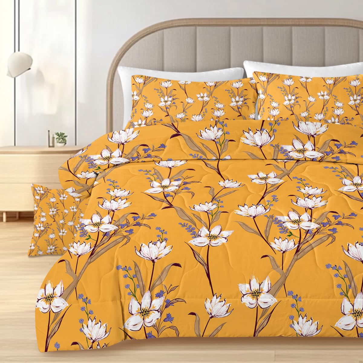 Sleepwish Blooming Flowers Comforter Set - Soft Botanical Bedding with White Floral Pattern on Orange Background, Ultra Soft Microfiber Fashion Print Bedding (4pcs, Twin Size) - Perfect for Spring Bedroom Decor & Guest Room Makeover
