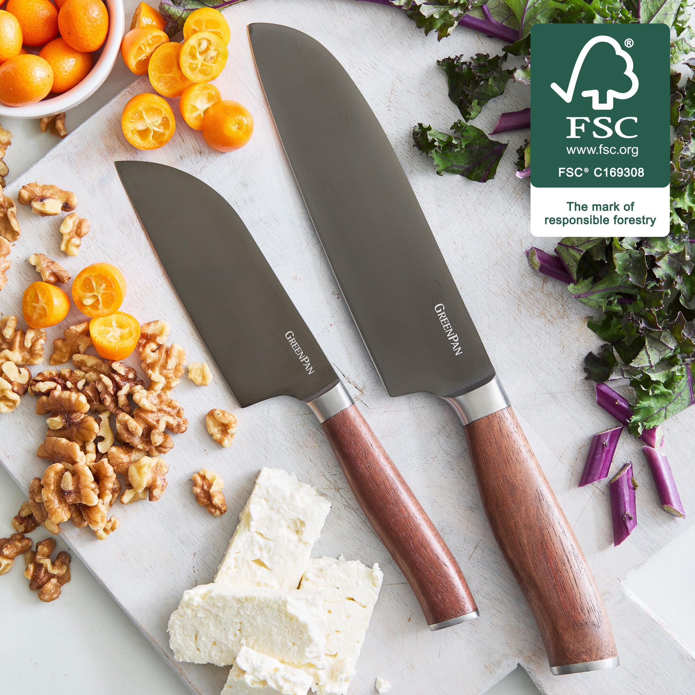 Premium Titanium Santoku Knife Set - 2-Piece Japanese Chef Knives with Walnut Wood Handles - Perfect for Slicing, Dicing & Chopping Vegetables, Meat & Fish