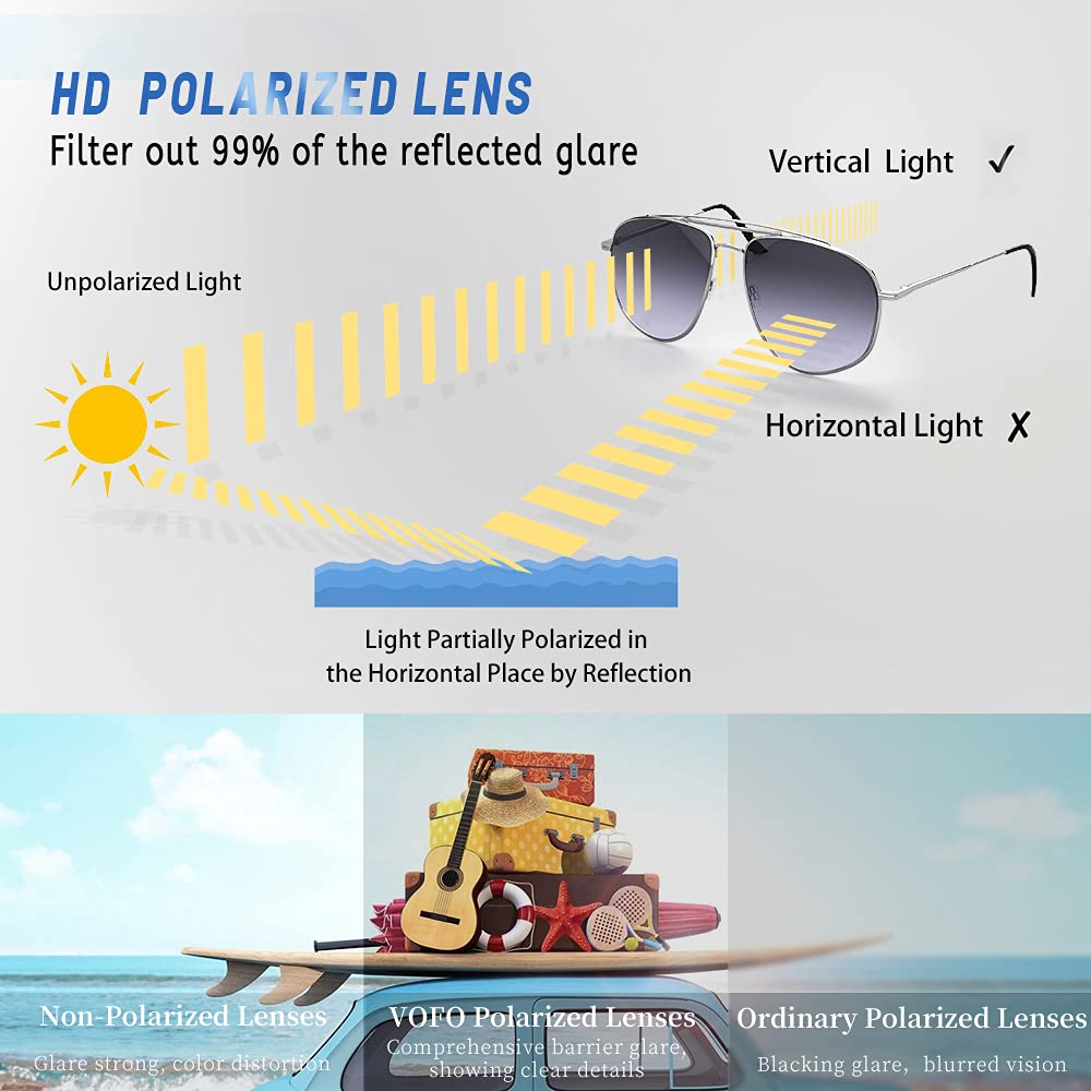 Polarized Aviator Sunglasses for Men & Women - UV Protection, Large Square Frame, Military Style (VF6203) - Perfect for Driving, Outdoor Sports & Fashion Accessories