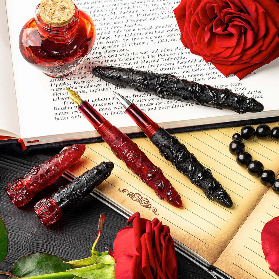 Benu Skull & Roses Rollerball Pen with Red Rose Design - Premium Writing Gift for Gothic Lovers, Perfect for Journaling, Note Taking & Dark Aesthetic Decor