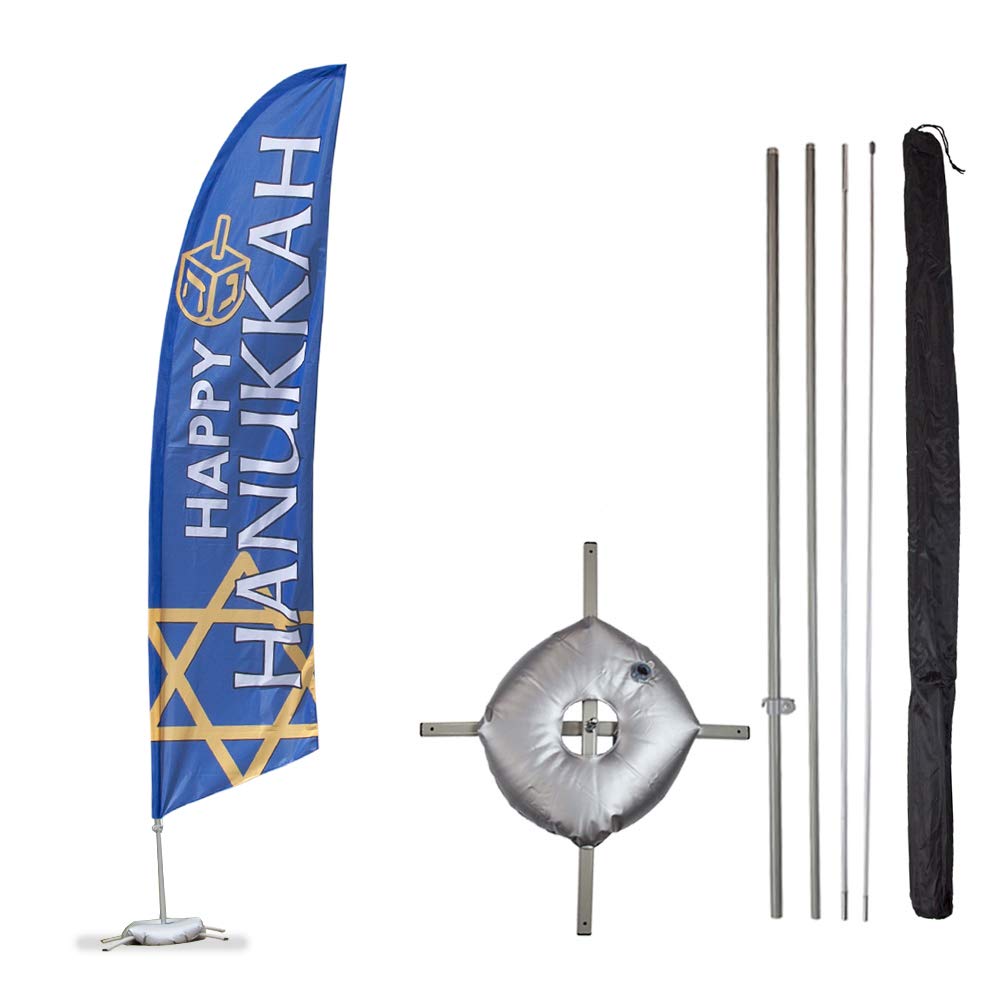 Happy Hanukkah Feather Flag Kit - 13.5ft Decorative Flag with Pole Set, Cross Base & Weight Bag - Perfect for Storefronts, Businesses & Holiday Sales - Made in USA - Ideal for Hanukkah Decorations, Jewish Celebrations & Retail Promotions