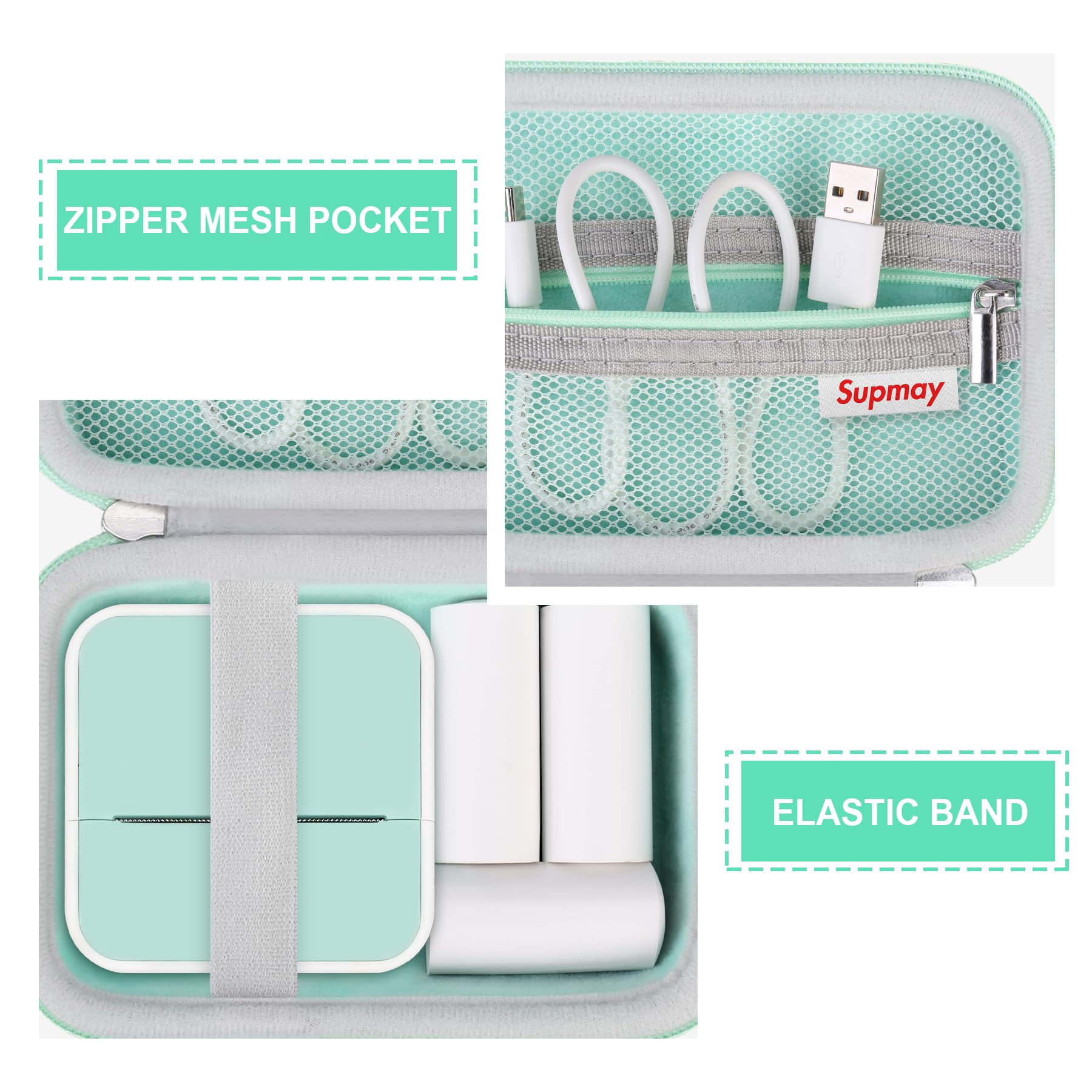 Durable Hard Carrying Case for Anycash Sticker Printer - Protective Travel Case for Printpods Mini Bluetooth Inkless Printer with Mesh Pocket, Holds 3 Sticker Rolls & USB Cable (Green) - Perfect for Travel, School & Craft Projects