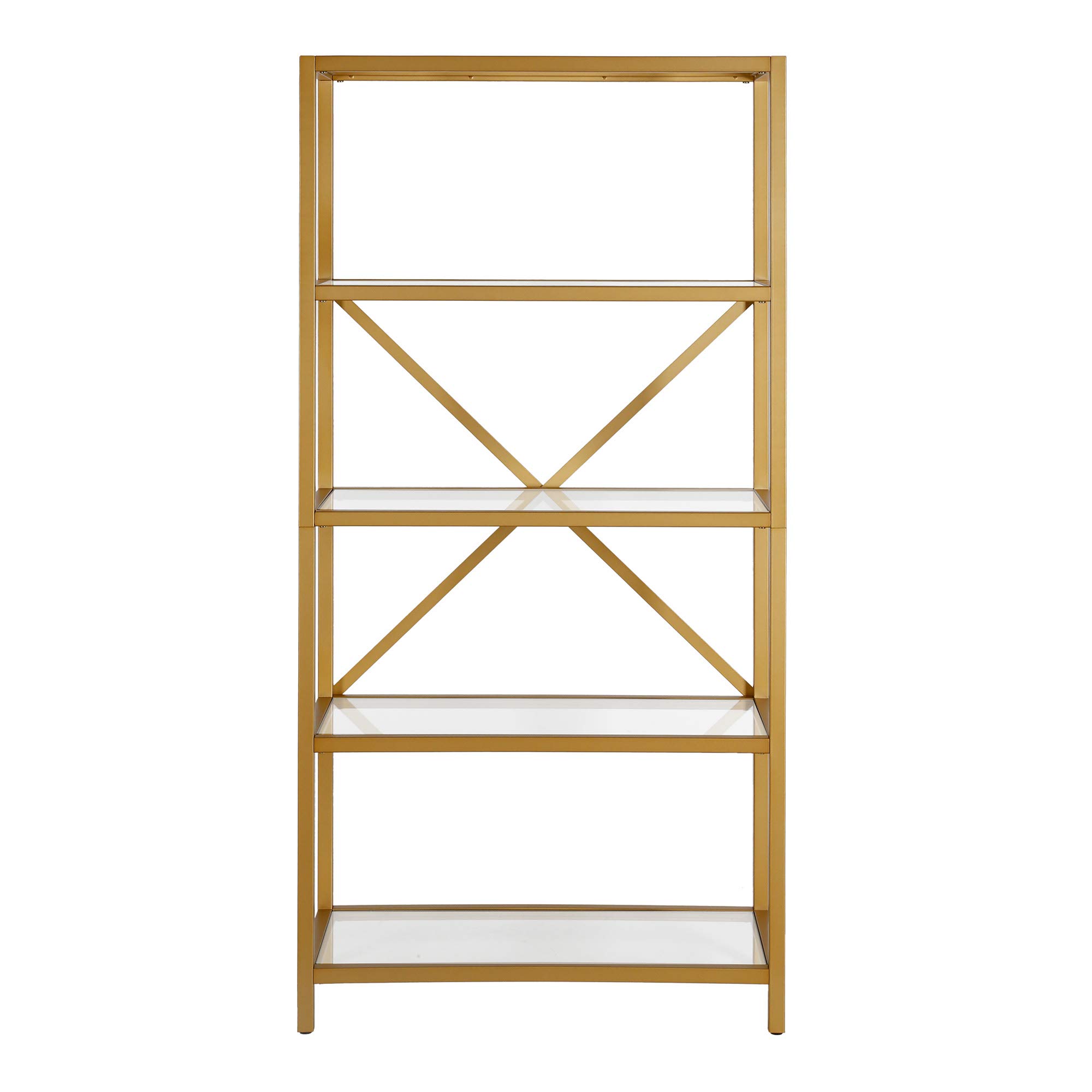 Etta 63 Inch Tall Rectangular Bookcase in Brushed Brass Finish - Modern Bookshelf for Living Room, Office, or Library Storage
