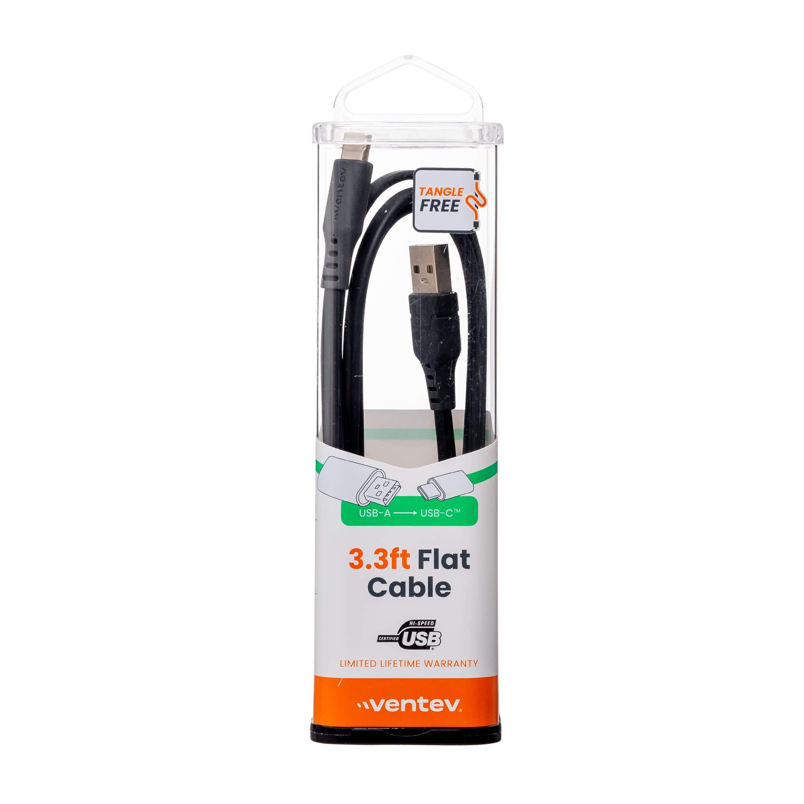 Ventev ChargeSync Flat USB A to USB C Cable 3.3ft - Fast Charging & Tangle-Free Design | Compatible with Samsung Galaxy S24/S23/S22, Note 20/10, Google Pixel 8/7/6, OnePlus 11/10/9, iPad Pro/Air, MacBook Pro/Air - Perfect for Home, Office & Travel Charging - Black
