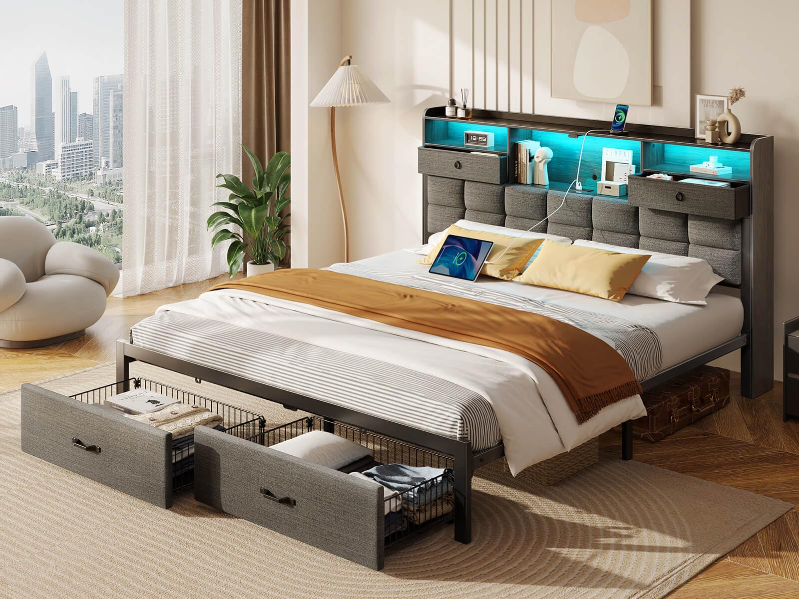 Rolanstar King Size Upholstered Platform Bed Frame with Storage Drawers, USB Charging Station & LED Headboard - Heavy Duty Metal Frame, No Box Spring Needed, Noise Free (Grey) - Perfect for Modern Bedrooms, Guest Rooms & Small Spaces