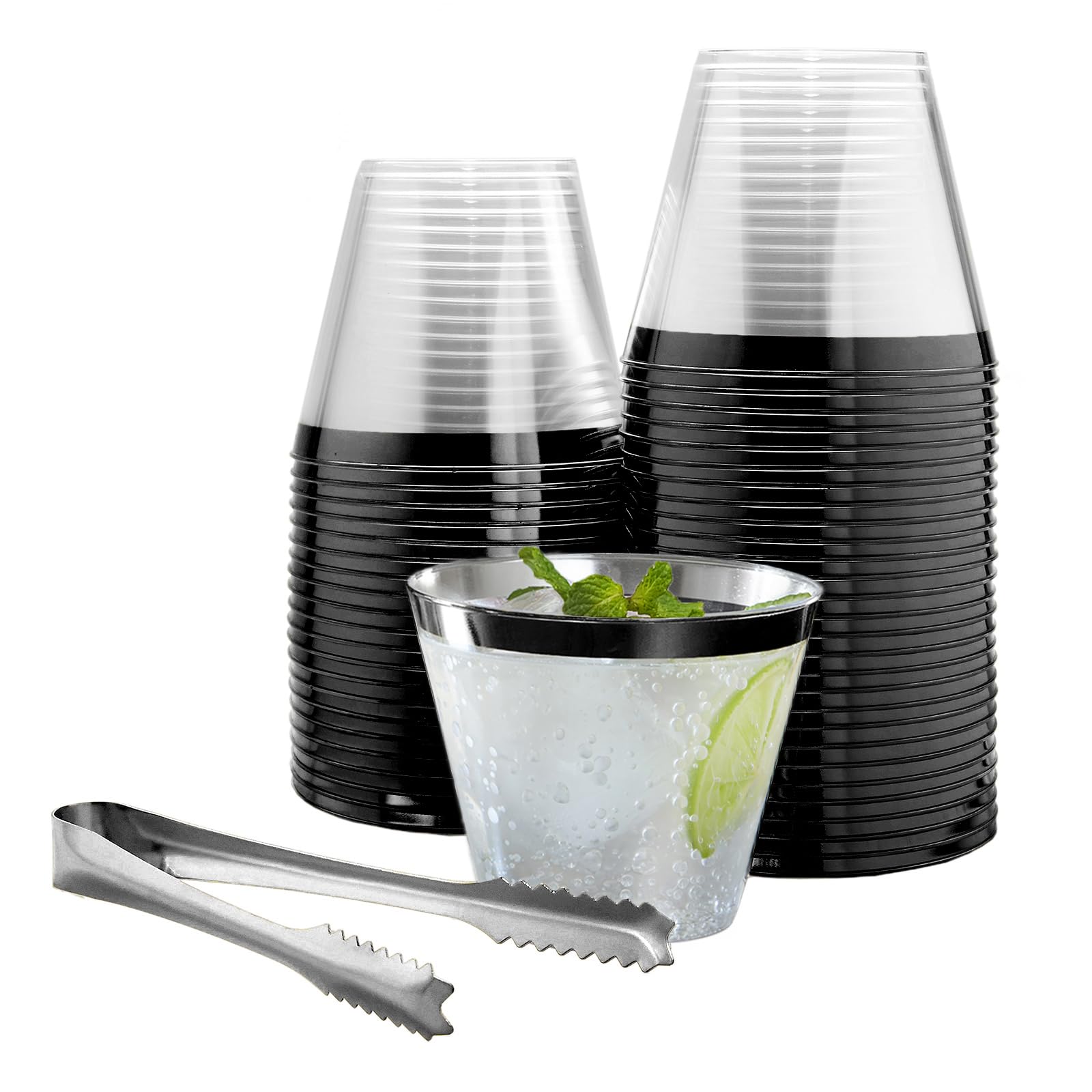 100-Pack Black Rimmed 9oz Plastic Cups with Silver Ice Tong Set - Disposable Cocktail & Wine Glasses for Parties, Weddings, BBQs, and Events - Elegant Drinkware for Home Entertaining and Special Occasions