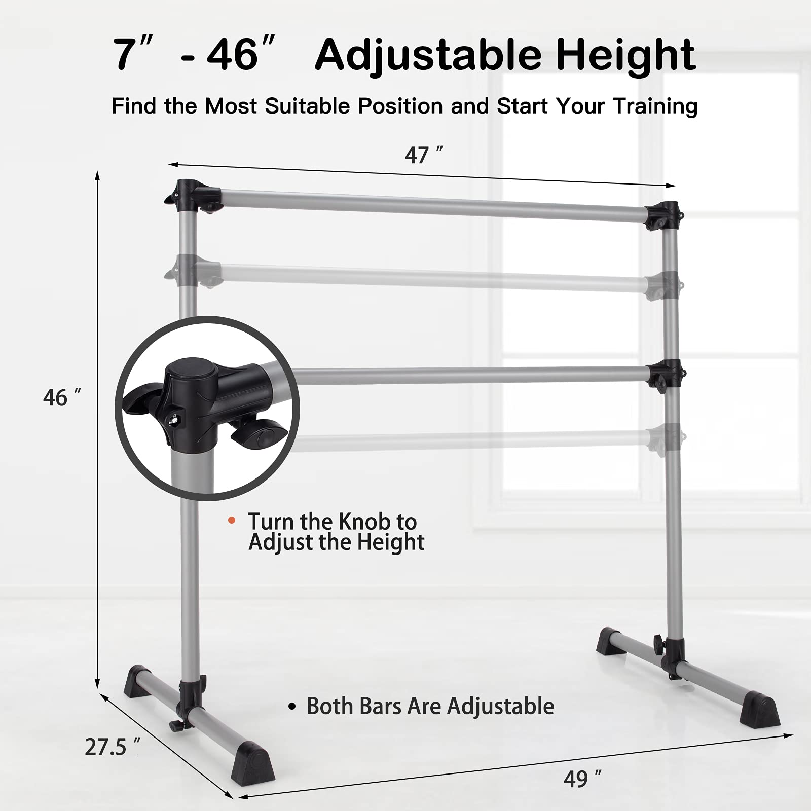 Goplus 4 FT Double Ballet Barre Bar - Adjustable Height 7” to 46”, Portable Freestanding Dance Bar for Home, School & Gym - Perfect for Ballet, Barre Workouts & Dance Training (Kids & Adults) - Ideal for Home Studios, Dance Classes & Fitness Routines