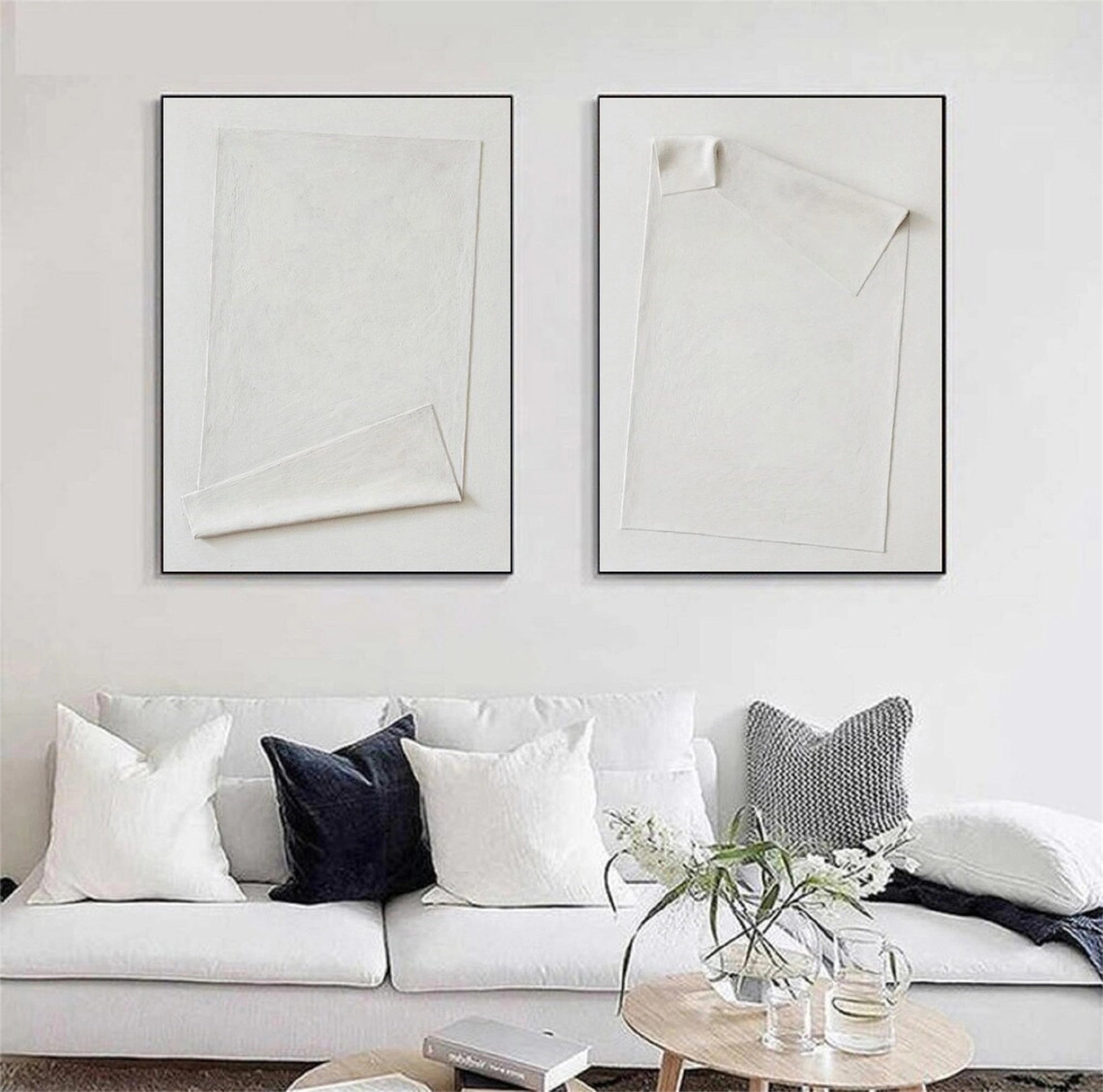 Minimalist White Textured Canvas Paintings Set of 2 - Modern Abstract Wall Art for Living Room & Bedroom Decor #MM145