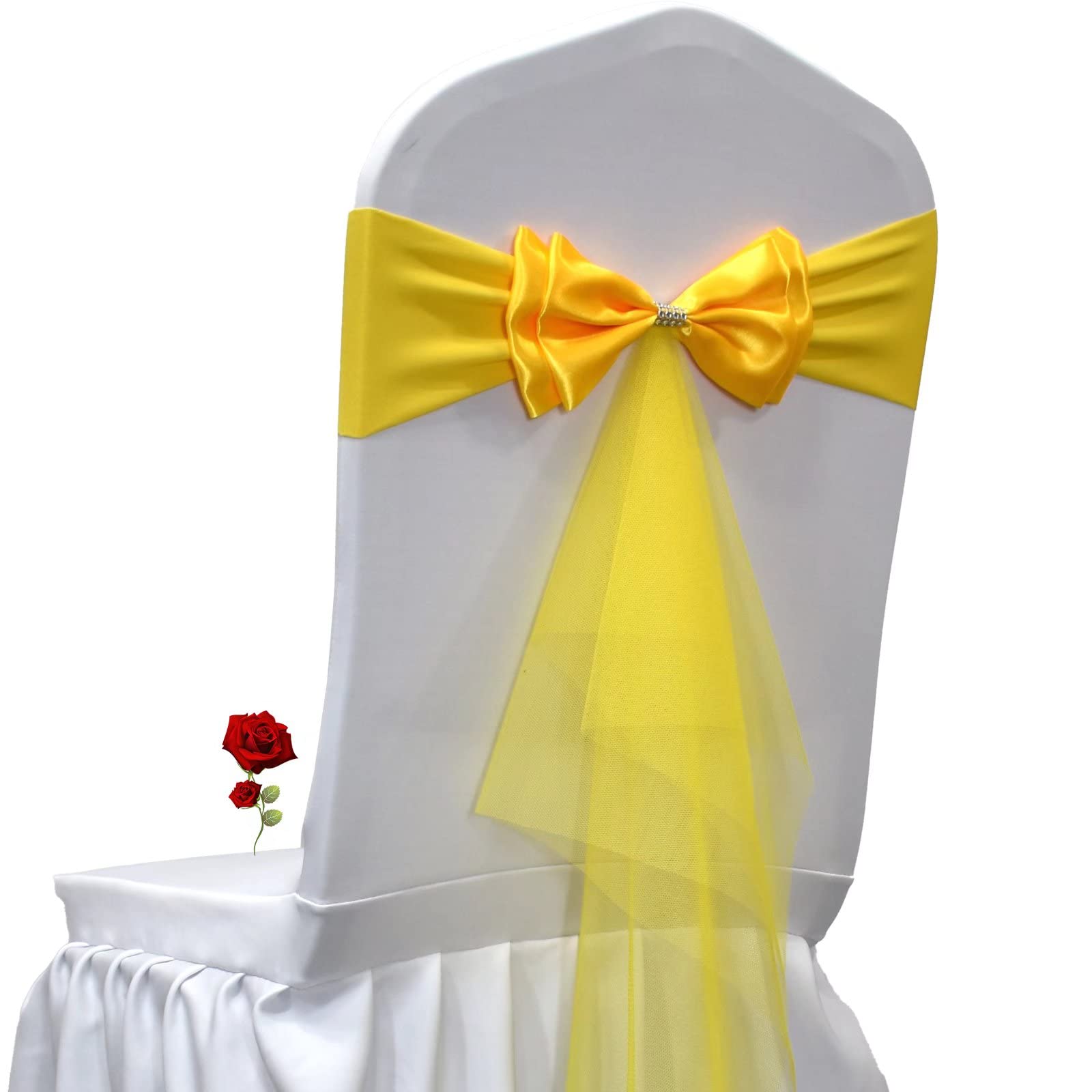 100 PCS Gold Yellow Organza Stretch Chair Sashes - Double Bows for Wedding, Party, Banquet Chair Decorations - Spandex Elastic Chair Bands for Bridal Showers, Baby Showers & Special Events