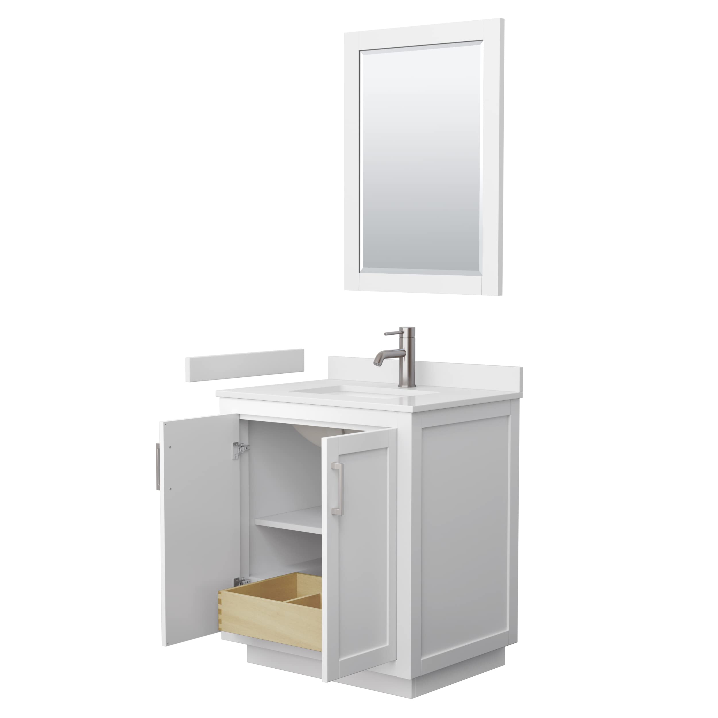 Wyndham Collection Miranda 30 Inch White Bathroom Vanity with White Cultured Marble Countertop, Undermount Square Sink & Brushed Nickel Trim - Includes 24 Inch Mirror for Modern Bathroom Remodel & Small Space Solutions