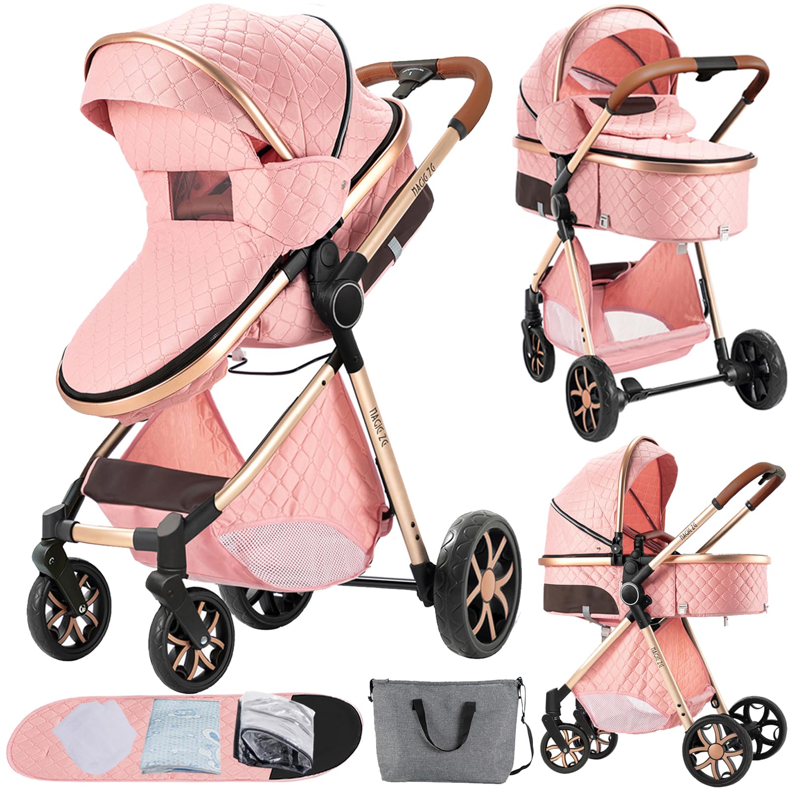 2 in 1 Convertible Baby Stroller with Bassinet - Reversible Standard Pram, Portable Foldable Pushchair for Newborn & Toddler | Lightweight Travel Buggy & High Landscape Carriage (Pink) - Perfect for Shopping, Travel & Daily Walks