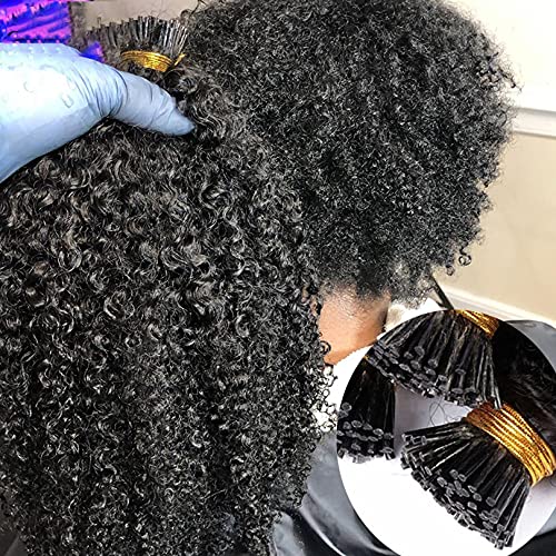 Mongolian Afro Kinky Curly Human Hair I-Tip Extensions 100 Strands - 20 Inch Remy Curly Hair for Microlink - Natural Black | Perfect for Protective Styles, Braids & Voluminous Curly Looks