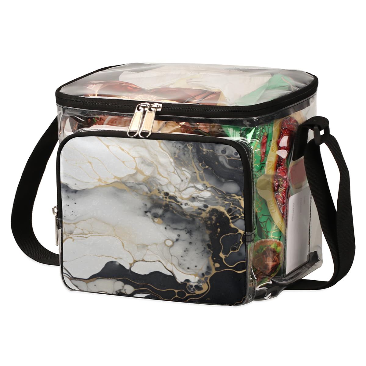 GzLeyigou Black Golden Marble Print Clear Tote Bag with Handles - Transparent Crossbody Shoulder Bag for Lunch, Outdoor, Travel, Picnic, Concerts & Sports Events - Stadium Approved Multipurpose Carryall for Women & Men