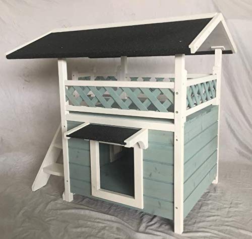 Seny Outdoor Wooden Cat House with Escape Door & Stairs - Blue - Weatherproof & Durable Pet Shelter for Indoor & Outdoor Use - Perfect for Backyard, Garden, or Patio