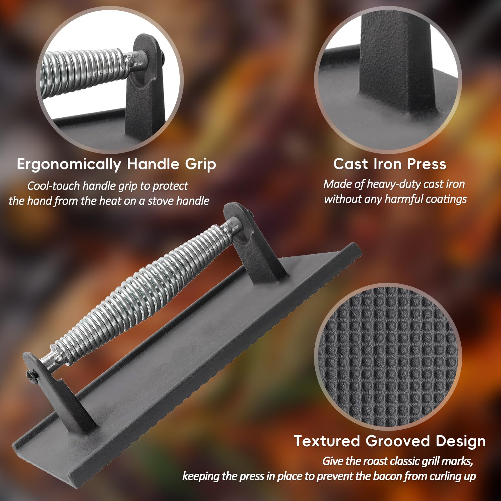 Premium Heavy Duty Cast Iron Steak Weight & Bacon Press with Stainless Steel Spring Handle - 304 Stainless Steel Grill Press for Steak, Pancakes, Burgers - Perfect for BBQ, Griddle Cooking & Outdoor Grilling