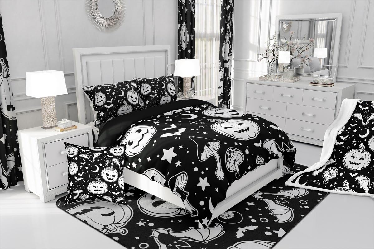 Erosebridal Bats Duvet Cover Set - Gothic Halloween Bedding with Cute Mushroom Print, Black & White Twin Size Comforter for Spooky Room Decor | Perfect for Halloween Parties & Gothic Themed Bedrooms