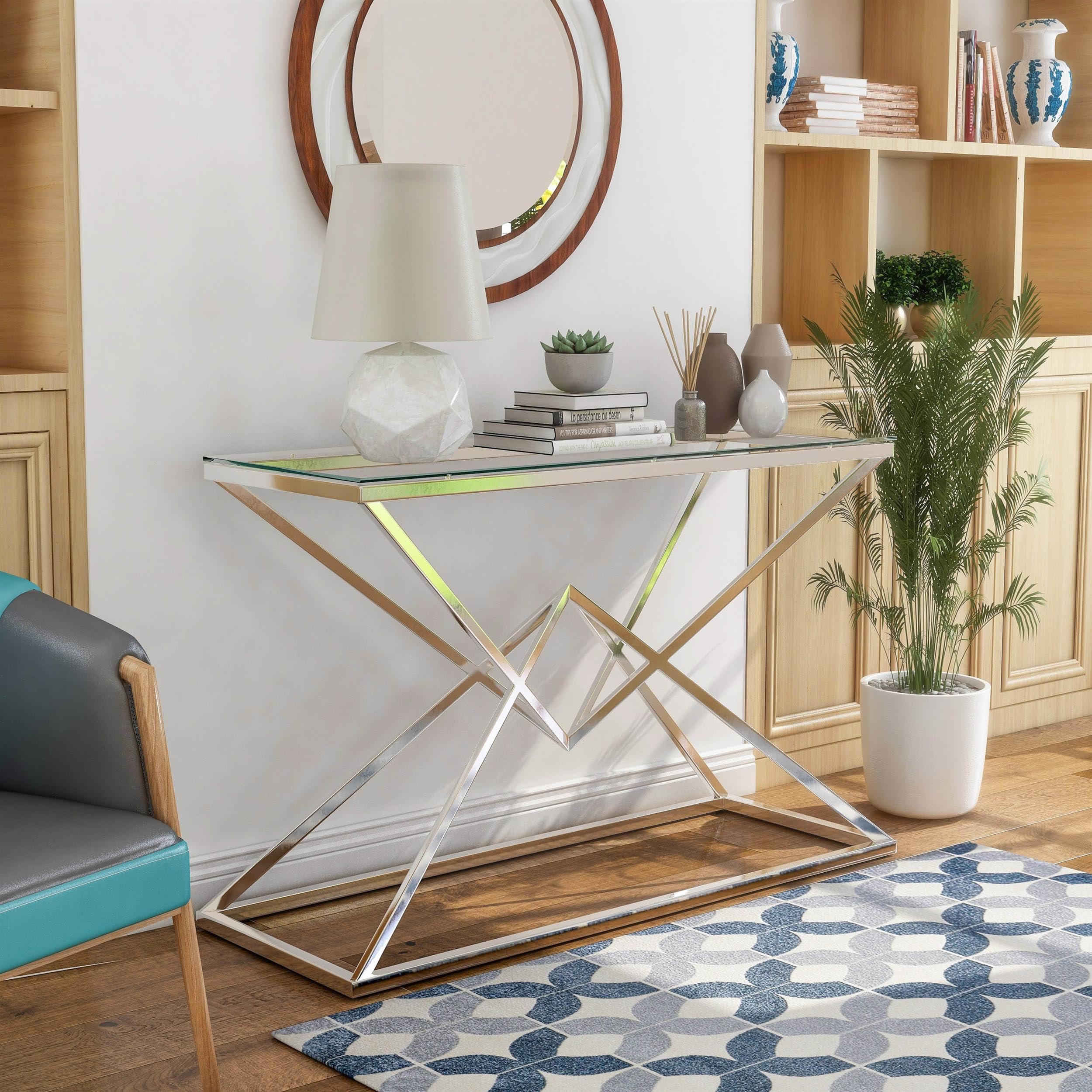 Furniture of America Cazzanarro Modern Chrome Plated Metal Sofa Table - Perfect for Living Room, Office & Small Space Decor