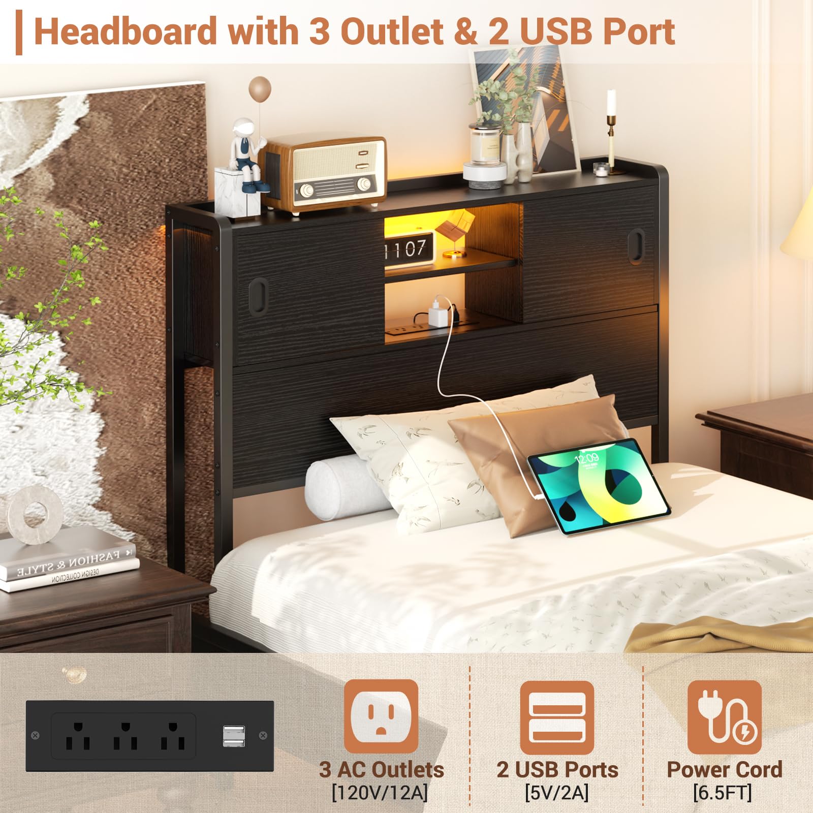 Homieasy Twin Size Headboard with Storage - USB Outlet, LED Light & Bookcase | Sturdy Sliding Door Design | Bed Frame Adapter Included | Perfect for Small Bedrooms, Dorms & Studio Apartments (Black)