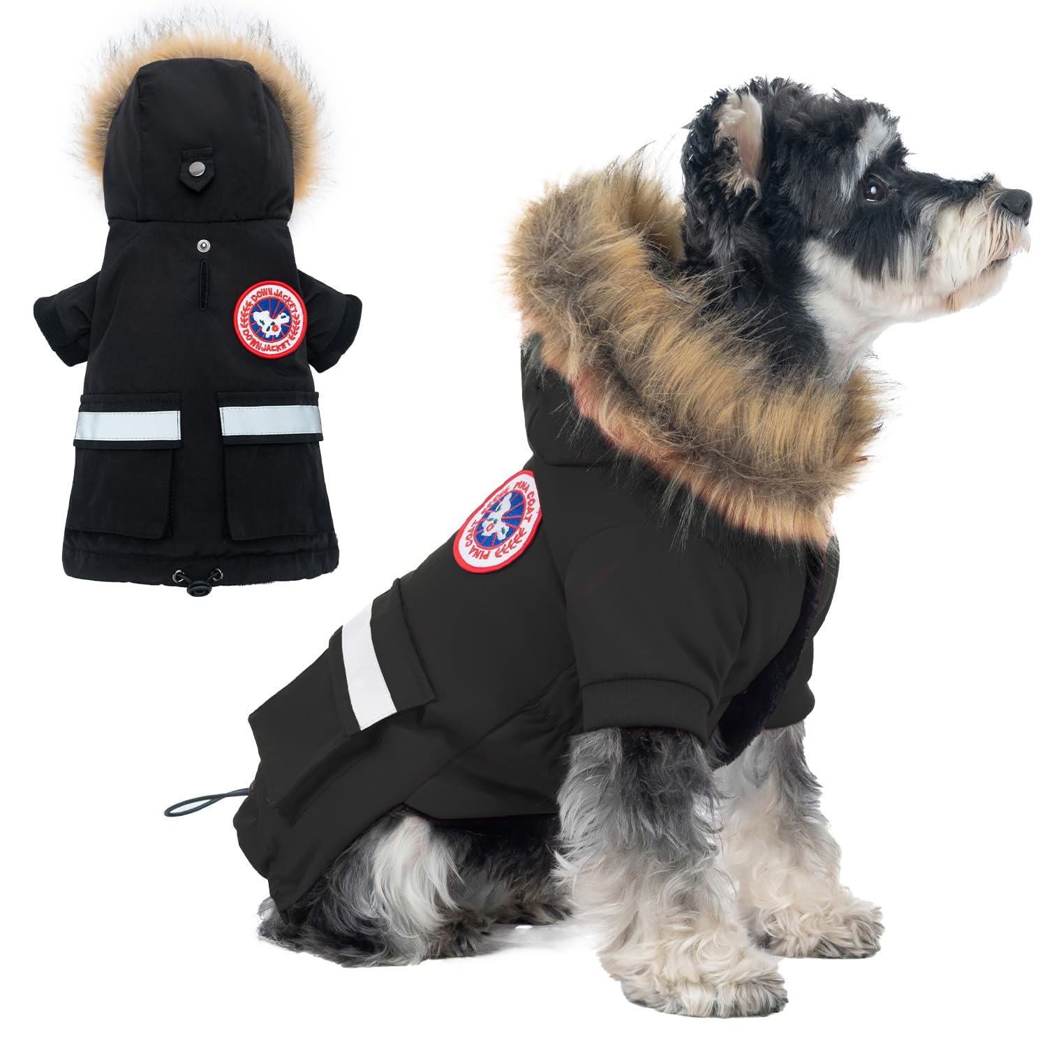 Waterproof & Windproof Dog Jacket for Small Dogs - Winter Coat with Reflective Strips & Faux Fur Hood - Warm Flannel-Lined Snow Coat with Pocket - Ideal for Cold Weather Walks, Outdoor Adventures & Nighttime Safety
