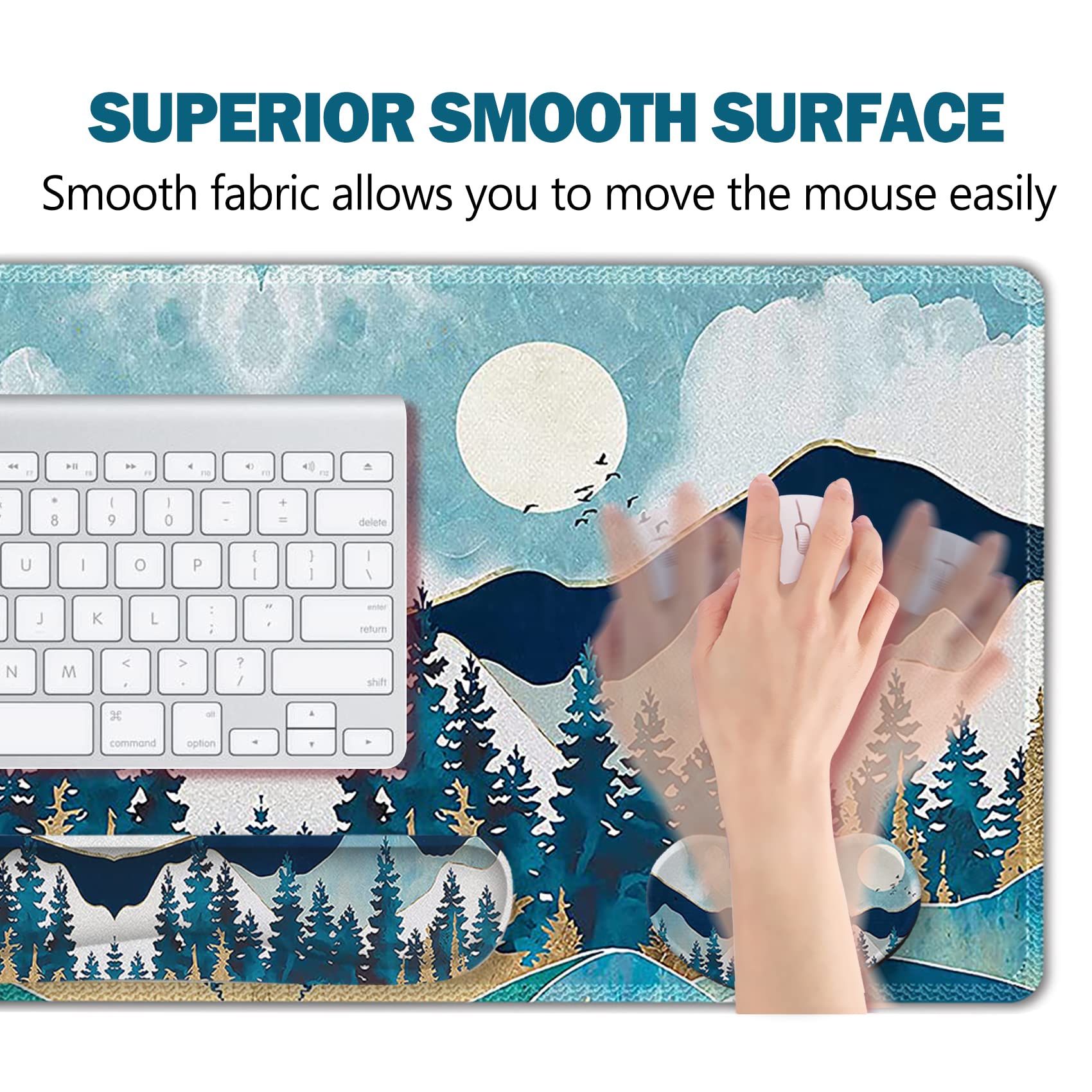 ARTSO Large Gaming Mouse Pad Set - Extended Mousepad (35x15.5in) with Keyboard Wrist Rest & Mouse Wrist Cushion, Non-Slip Desk Mat with Coaster - Abstract Mountain Design for PC Gaming & Office Work
