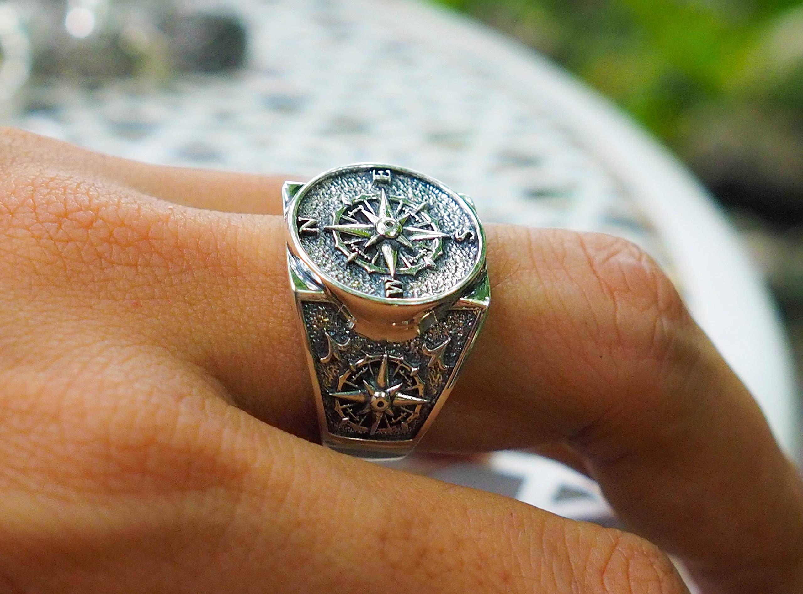 Compass Ring for Travel - 925 Sterling Silver Adjustable Sizing (6-15) - Perfect for Hiking, Camping & Outdoor Adventures