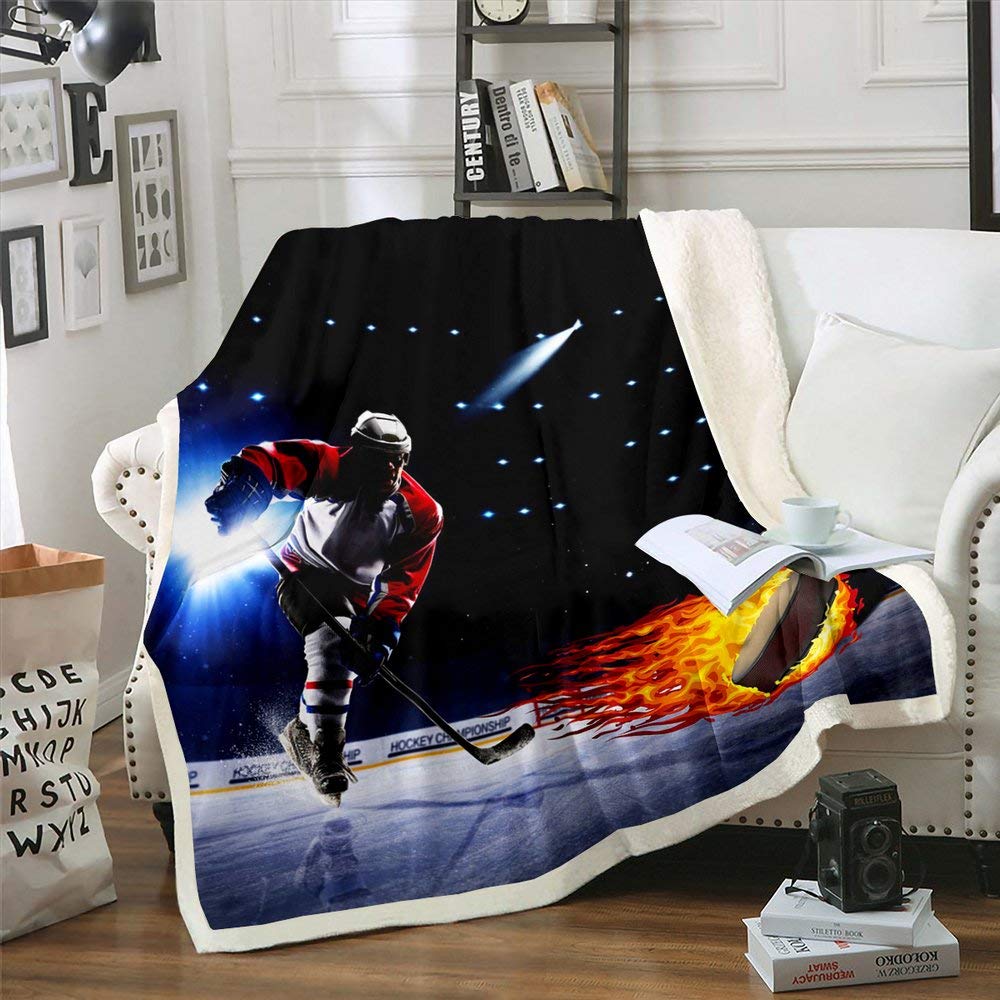 Erosebridal Hockey Sherpa Blanket - Soft Flannel Plush Throw for Winter Sports - Ice Hockey Player Gift for Boys, Teens & Adults - 60