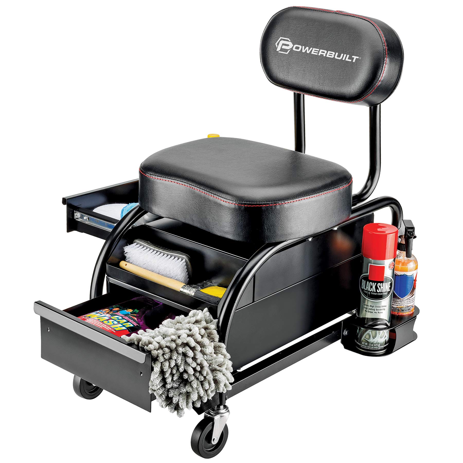 Powerbuilt Professional Car Detailers Mechanics Roller Seat - Heavy Duty Garage Stool with Padded Seat & Backrest, 2 Sliding Storage Drawers, Tool Tray & Cup Holders - 3