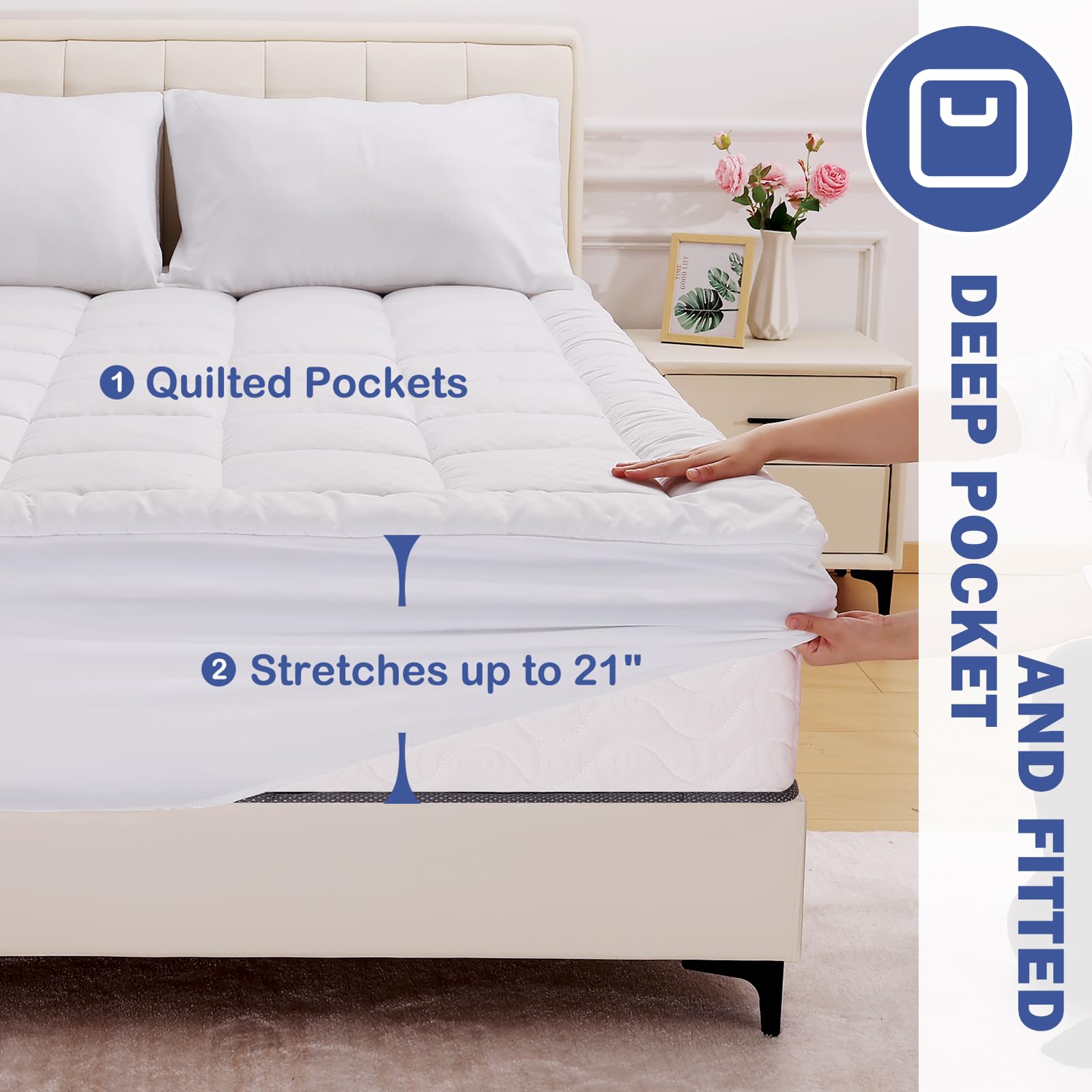 Olanly Queen Size Quilted Fitted Mattress Pad - Cooling Soft Mattress Topper with Deep Pocket (Fits up to 21