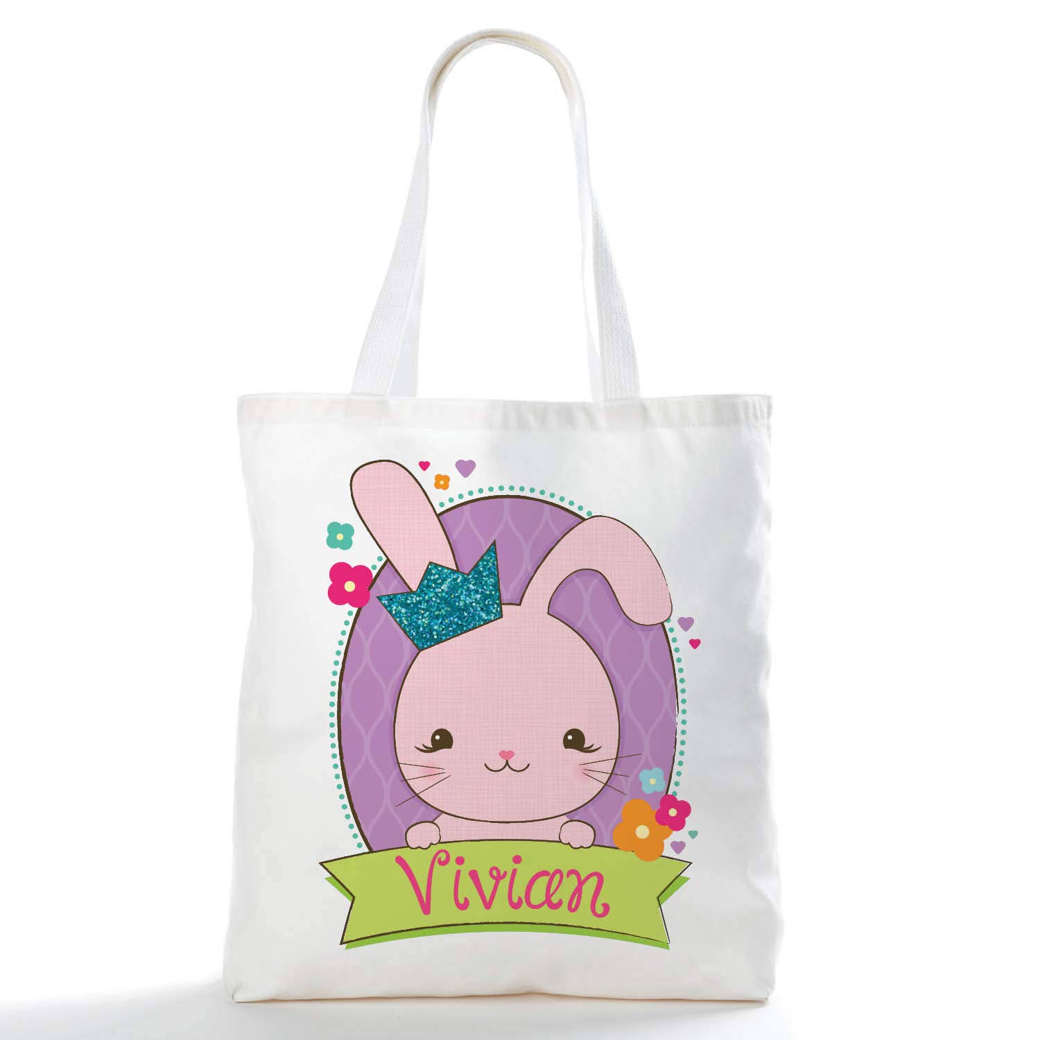 Personalized Pink Bunny with Sparkle Crown Canvas Tote Bag - Custom Name Printed in Hot Pink & Floral Design - 15.5x18 Inches - Perfect for Books, Toys, Candy Storage & Girls' Gift Ideas