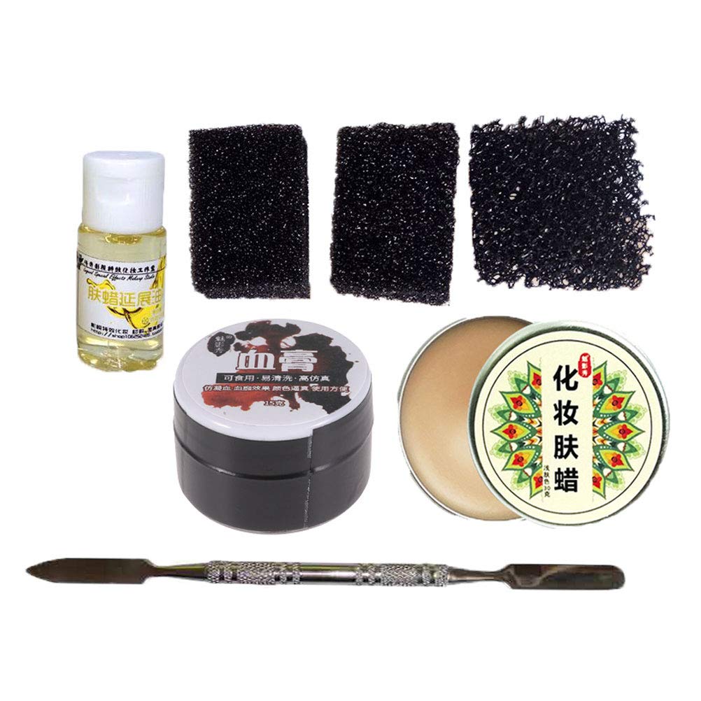 Special Effects Halloween Makeup Kit - Minkissy Scar Wax, Spatula, Black Stipple Sponge & Fake Blood for Horror Cosplay, Halloween Party Decor & SFX Costume Makeup