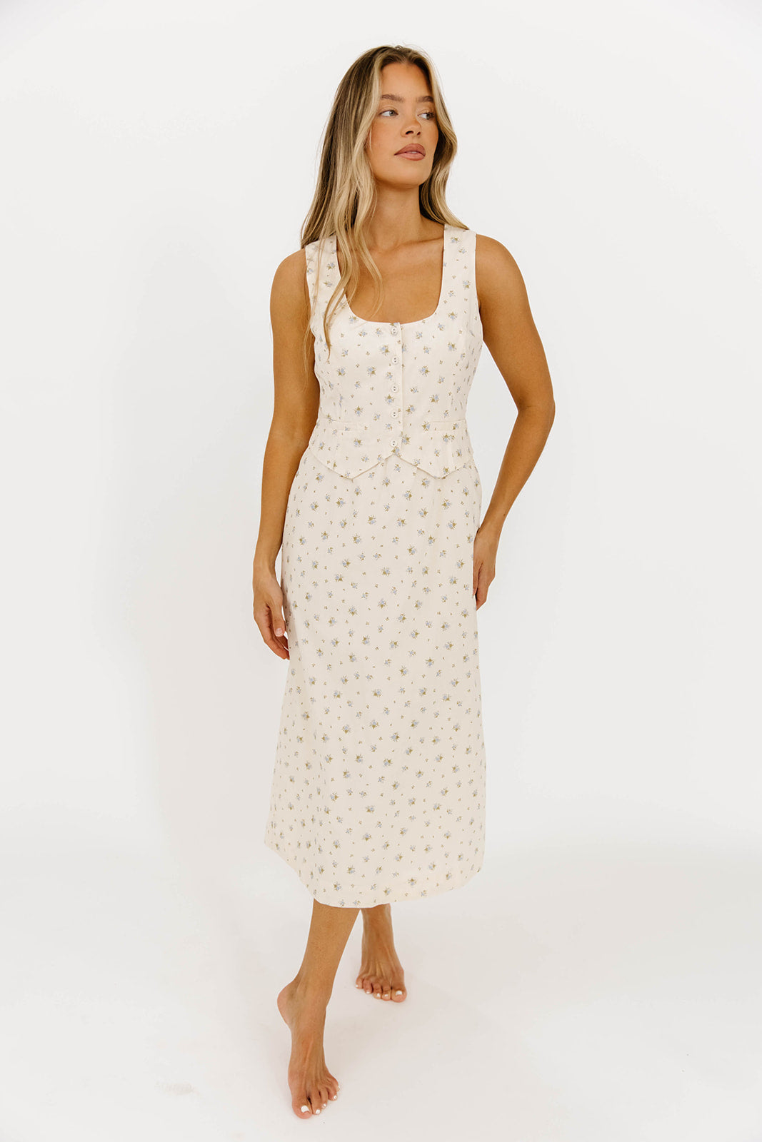 Blue Floral Florence Vest Detail Midi Dress - Elegant Women's Summer Dress for Weddings, Parties & Casual Outings