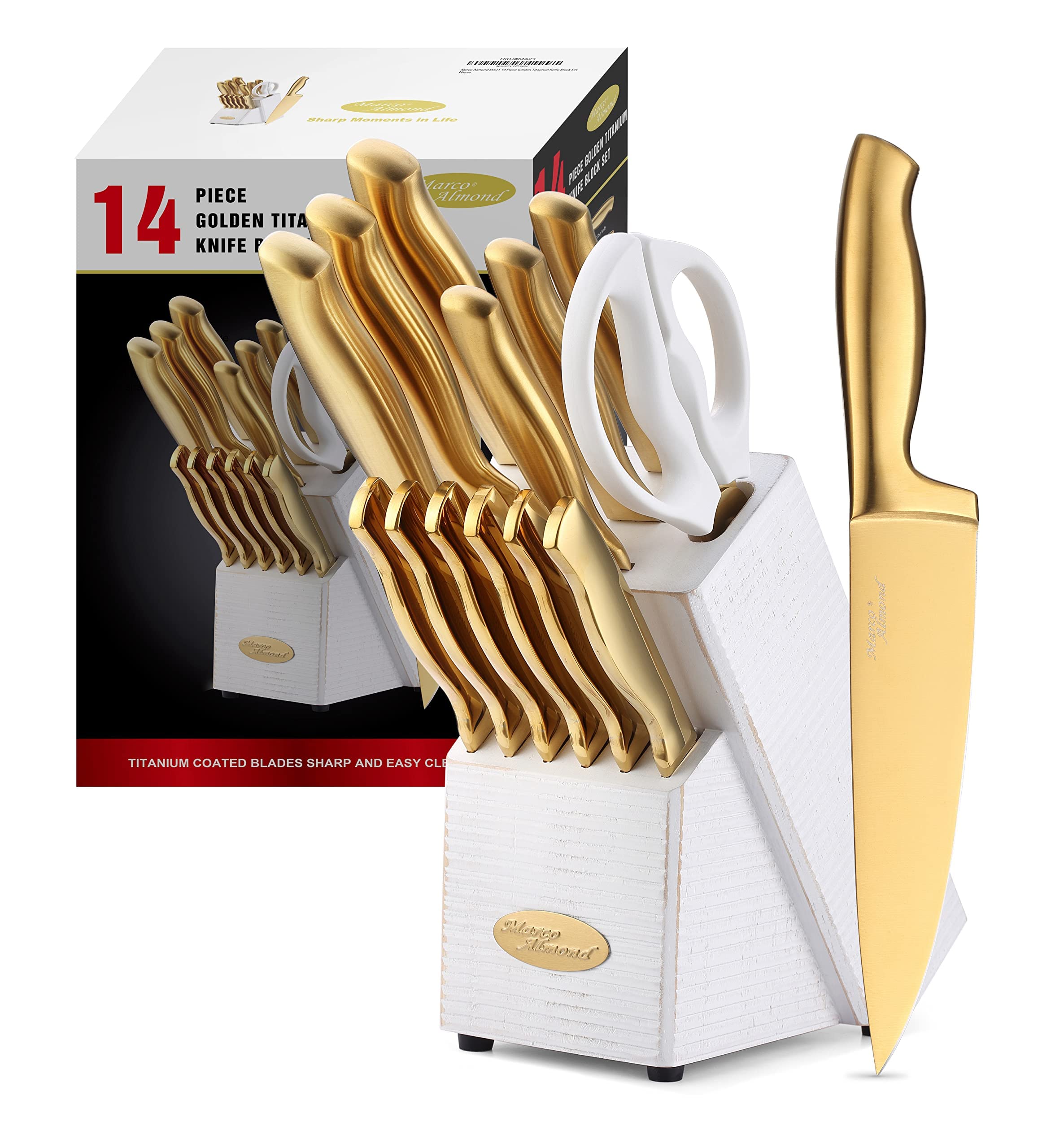KYA23 14-Piece Golden Titanium Knife Set with Acrylic Stand - Premium Marco Almond MA21 Kitchen Knives for Slicing, Dicing & Chopping - Perfect for Home Chefs & Professional Cooking